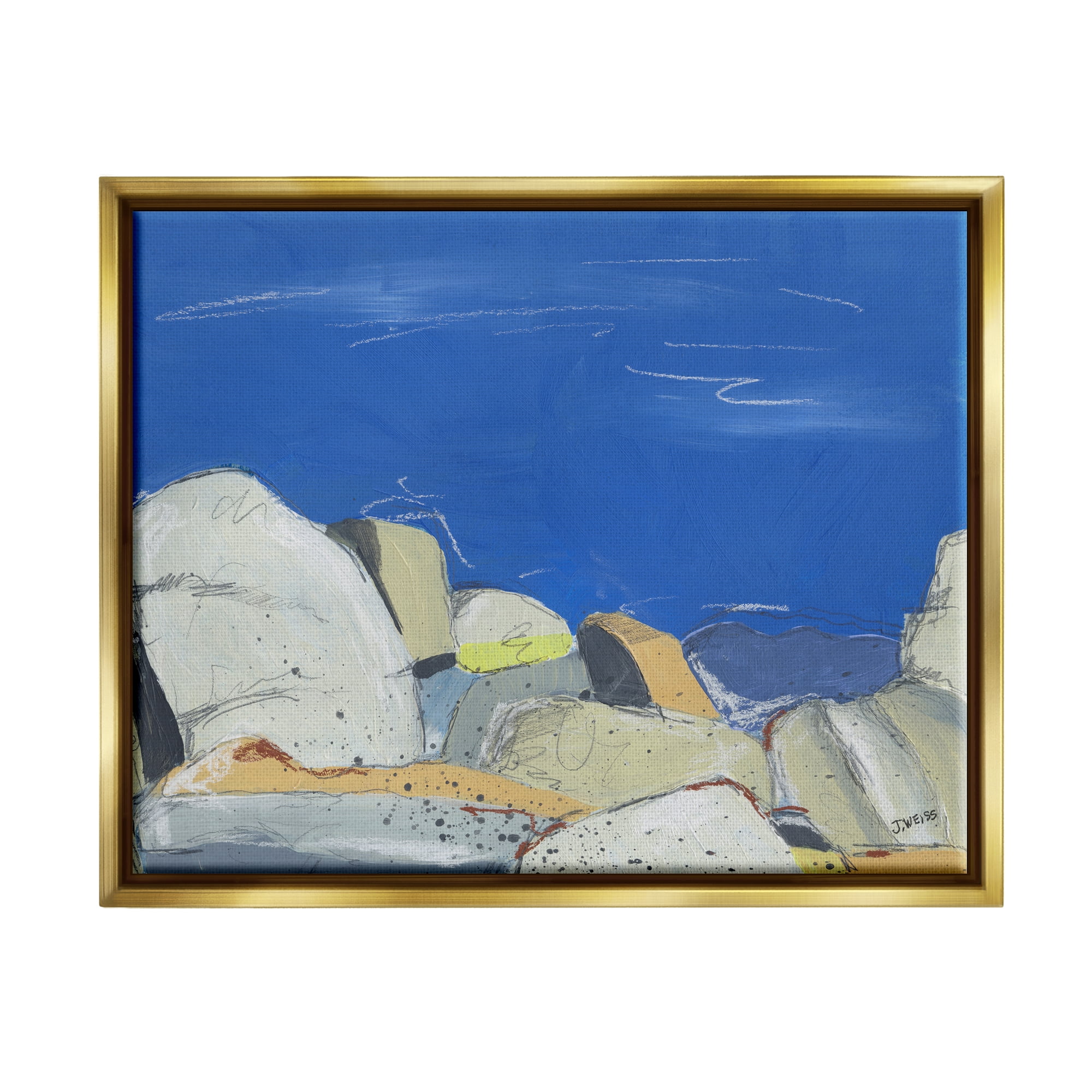 Stupell Industries Abstract Ocean Cliff Rocks Coastal Painting Gold Floater Framed Art Print Wall Art