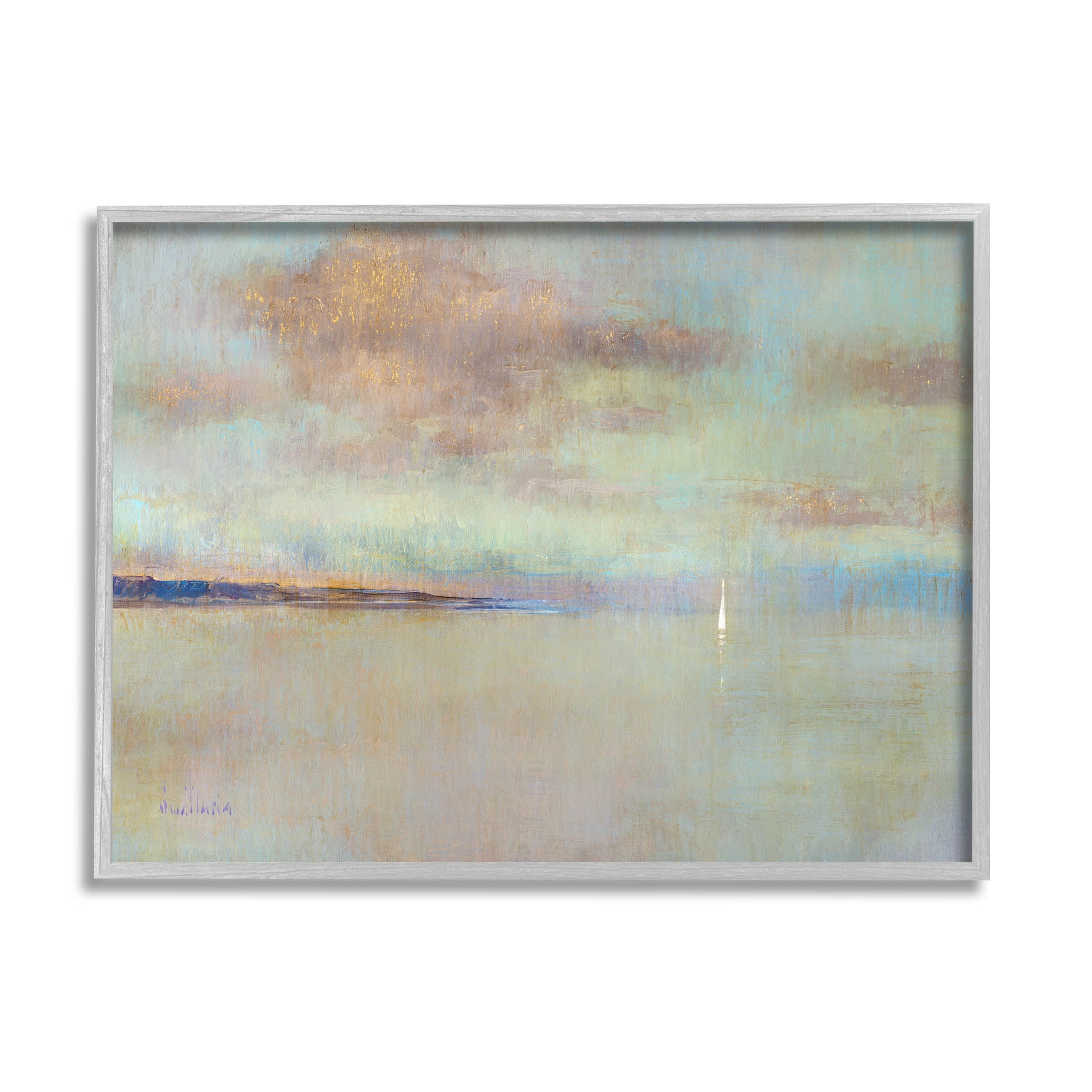Stupell Industries Abstract Ocean Scene Lone Sailboat Painting Gray Framed Art Print Wall Art, Design by Katie Swatland