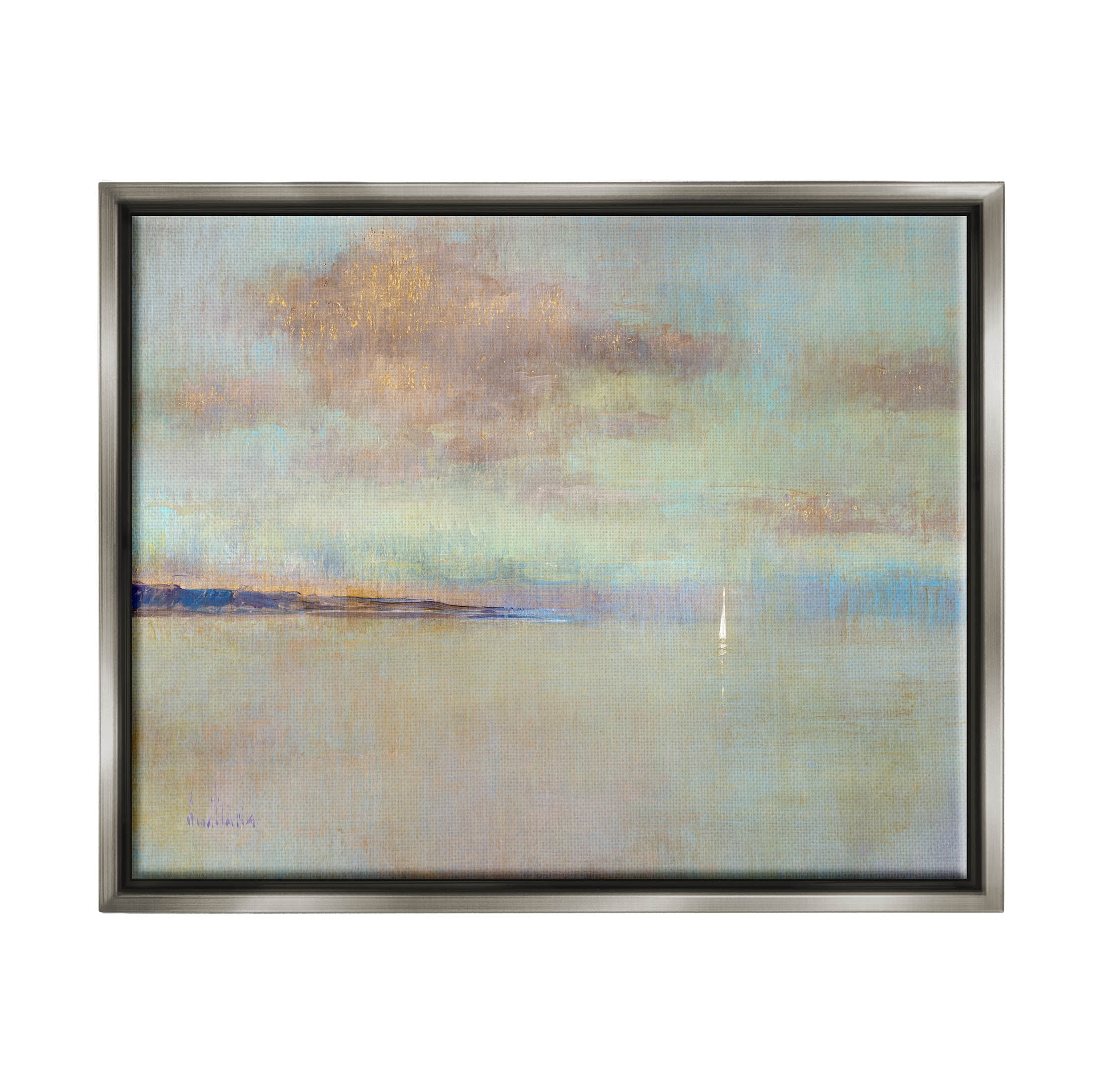 Stupell Industries Abstract Ocean Scene Lone Sailboat Painting Luster Gray Floating Framed Canvas Print Wall Art, Design by Katie Swatland