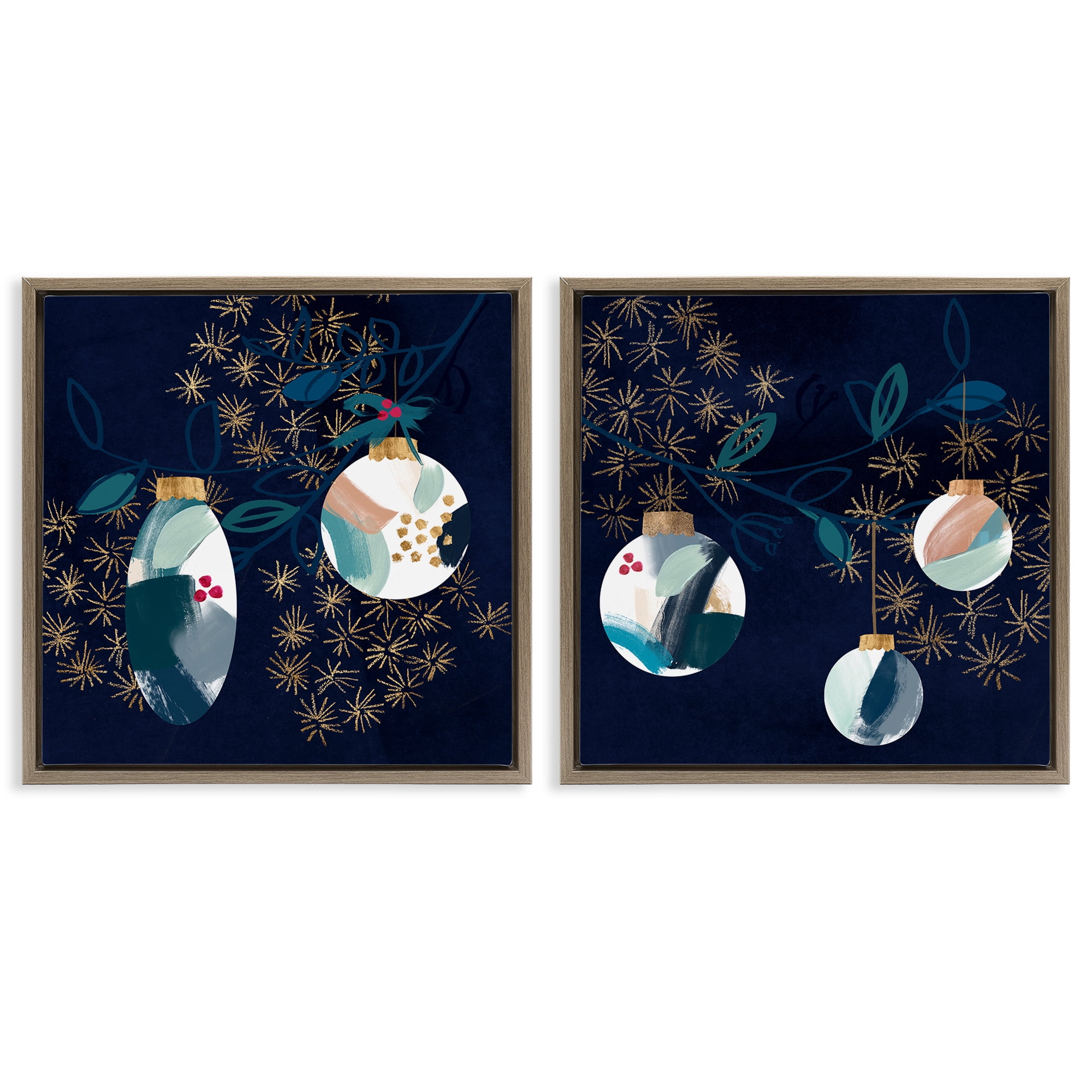 Stupell Industries Abstract Ornaments on Tree Holiday Painting Brown Floater Framed Canvas Art Prints Wall Art, 25 x 25, Set of 2