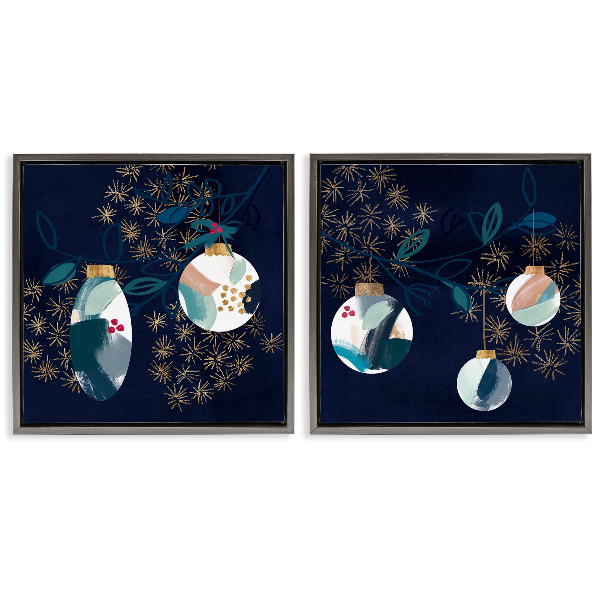 Stupell Industries Abstract Ornaments on Tree Holiday Painting Gray Floater Framed Canvas Art Prints Wall Art, 25 x 25, Set of 2