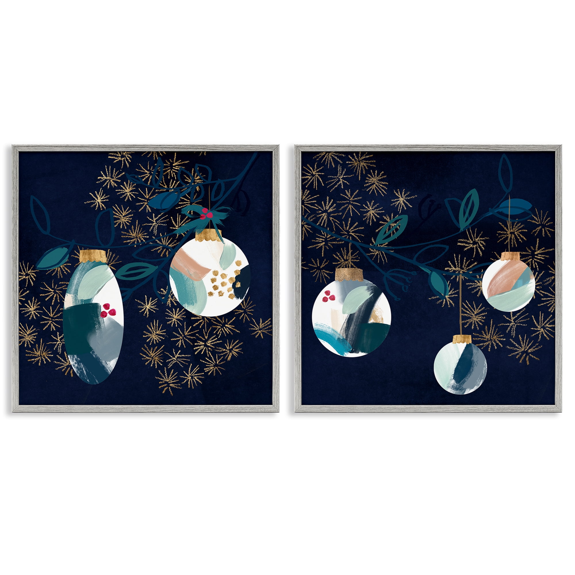Stupell Industries Abstract Ornaments on Tree Holiday Painting Gray Framed Art Prints Wall Art, 12 x 12, Set of 2