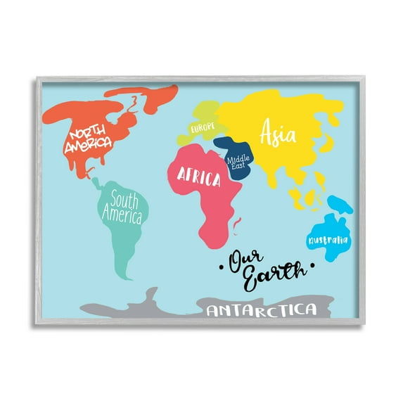 Stupell Industries Abstract Our Earth World Map Bold Shape Regions Abstract Painting Gray Framed Art Print Wall Art, 11 x 14
