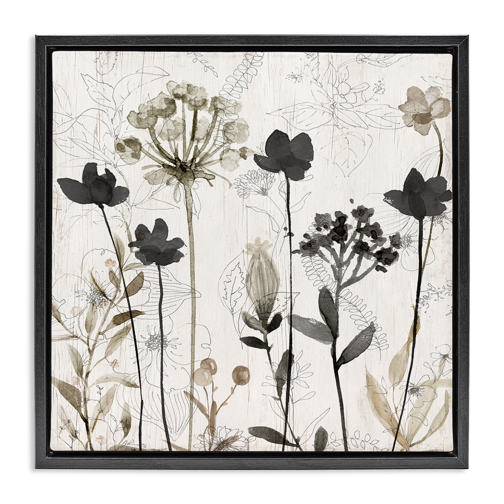 Stupell Industries Abstract Overlapping Flower Sprigs Botanical & Floral Painting Black Floater Framed Canvas Art Print Wall Art, 18 x 18