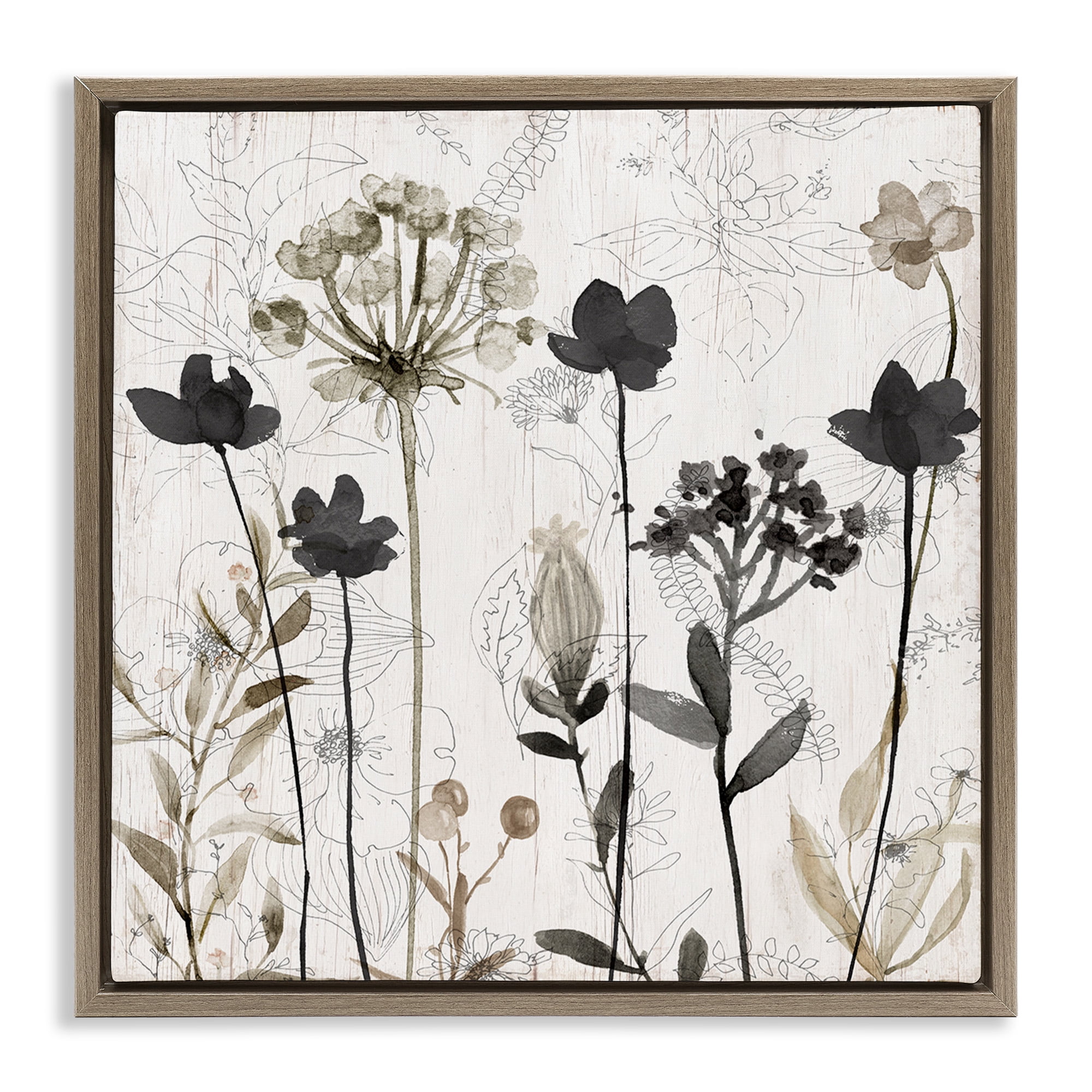 Stupell Industries Abstract Overlapping Flower Sprigs Botanical & Floral Painting Brown Floater Framed Canvas Art Print Wall Art, 18 x 18