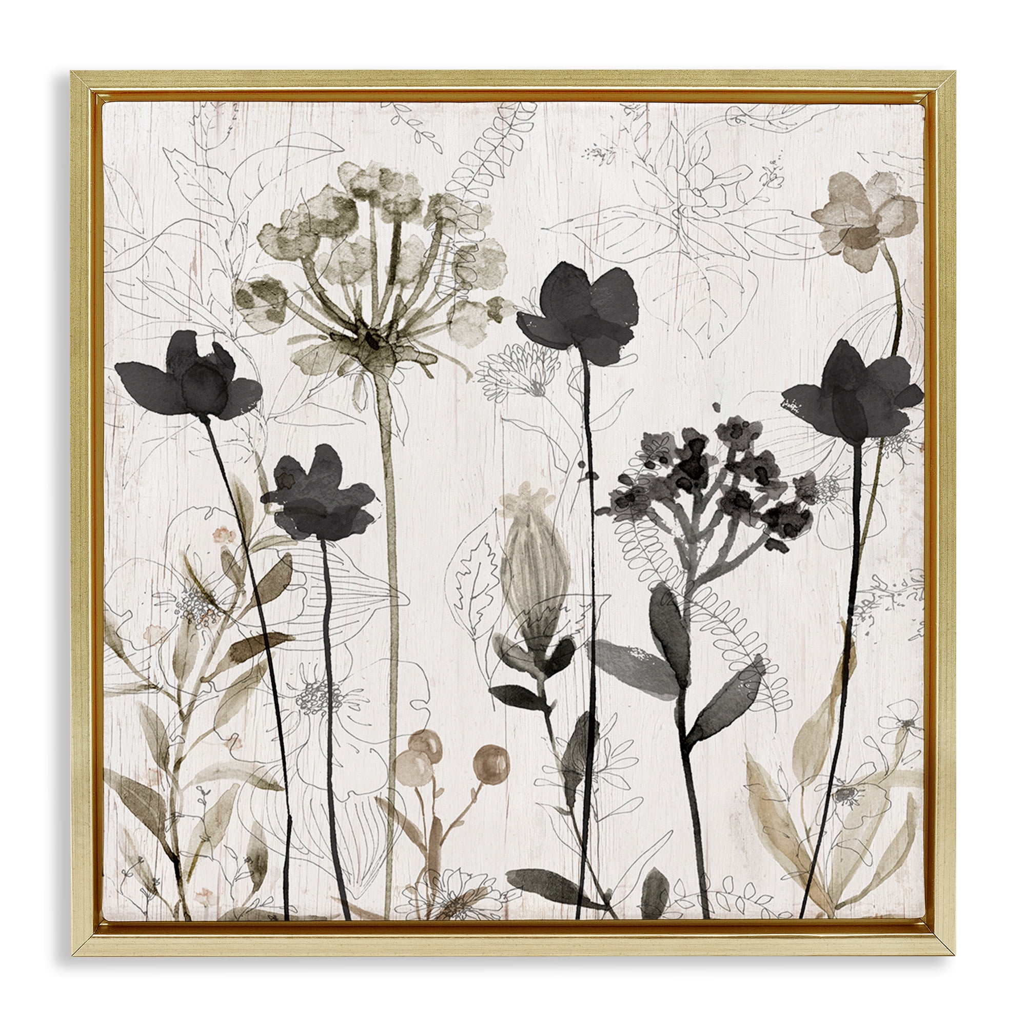 Stupell Industries Abstract Overlapping Flower Sprigs Botanical & Floral Painting Gold Floater Framed Canvas Art Print Wall Art, 25 x 25