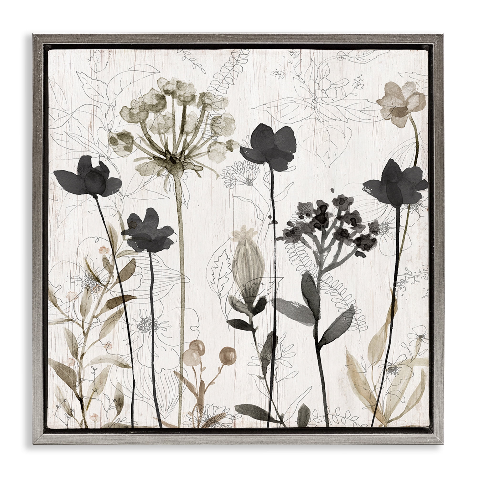 Stupell Industries Abstract Overlapping Flower Sprigs Botanical & Floral Painting Gray Floater Framed Canvas Art Print Wall Art, 18 x 18