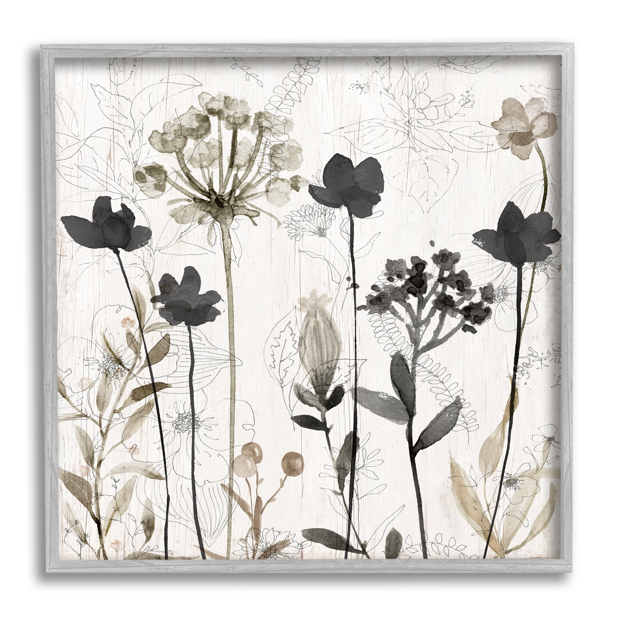Stupell Industries Abstract Overlapping Flower Sprigs Botanical & Floral Painting Gray Framed Art Print Wall Art