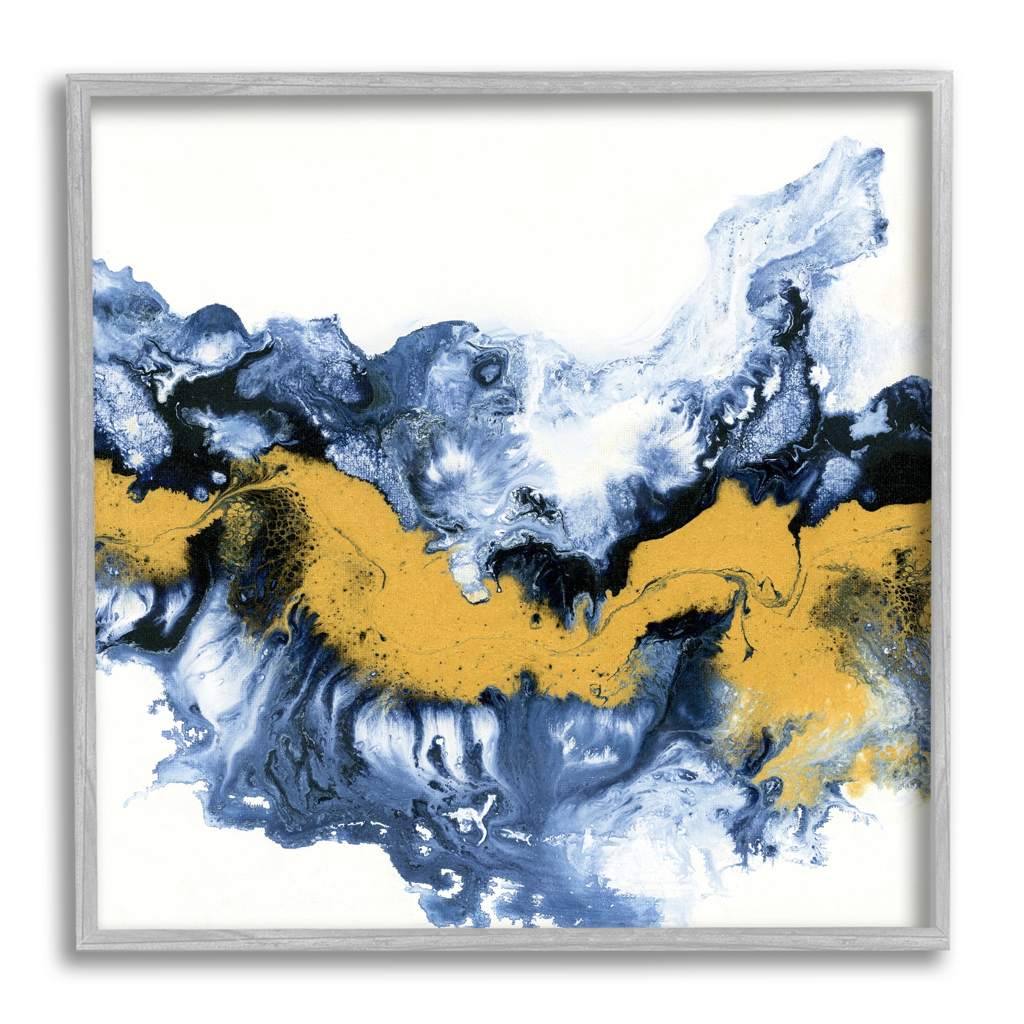 Stupell Industries Abstract Paint Infusion Fluid Blue Yellow Integration Abstract Painting Gray Framed Art Print Wall Art, 24 x 24
