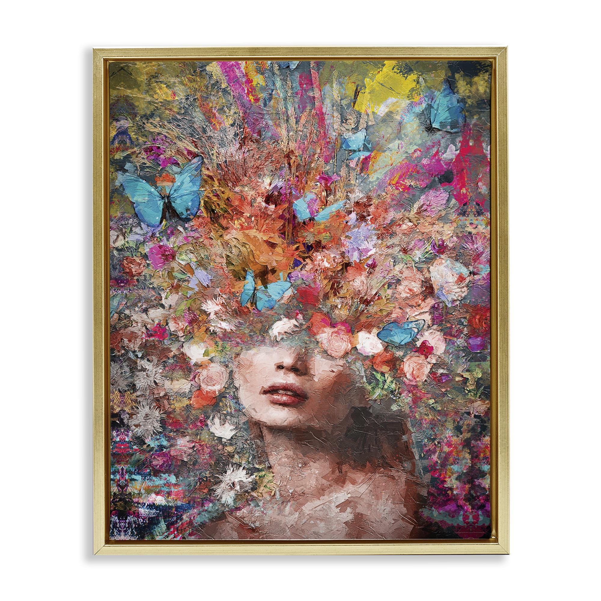 Stupell Industries Abstract Painterly Floral Face Animals Painting Gold Floater Framed Canvas Art Print Wall Art, 17 x 21