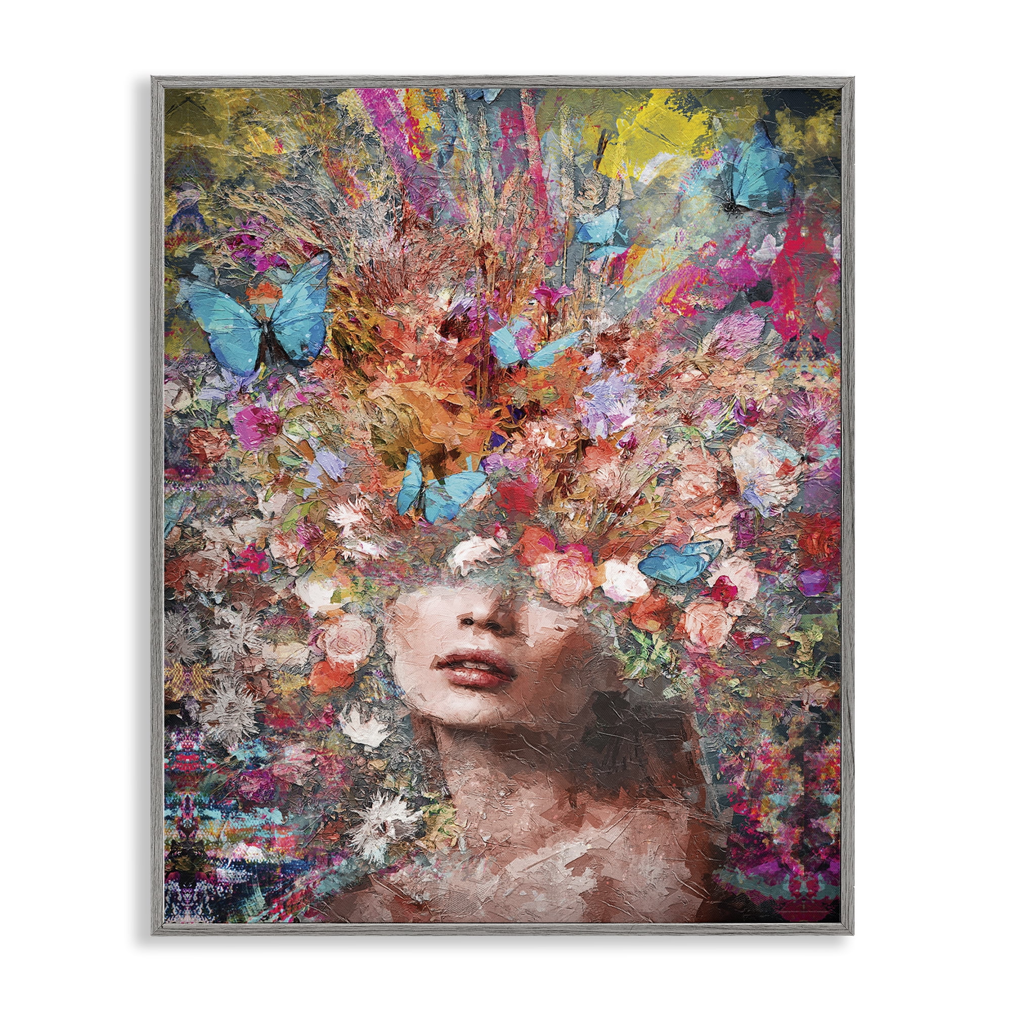 Stupell Industries Abstract Painterly Floral Face Animals Painting Gray Framed Art Print Wall Art, 11 x 14