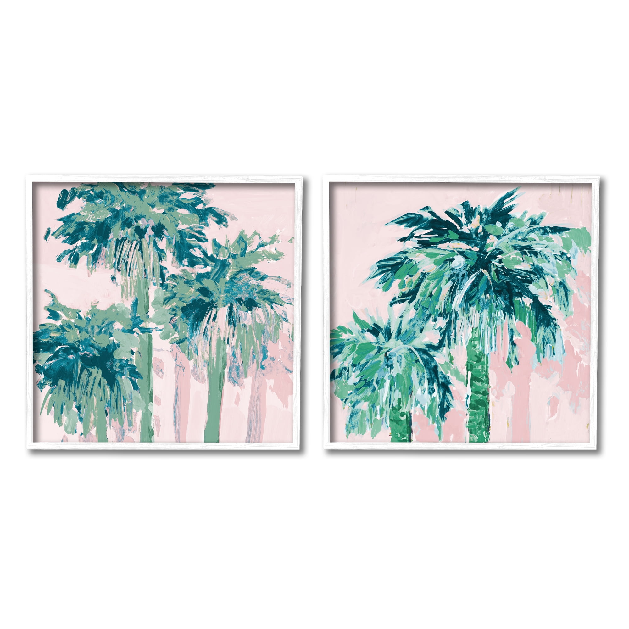 Abstract Green Palms on Pink Canvas Print Set with White Frame