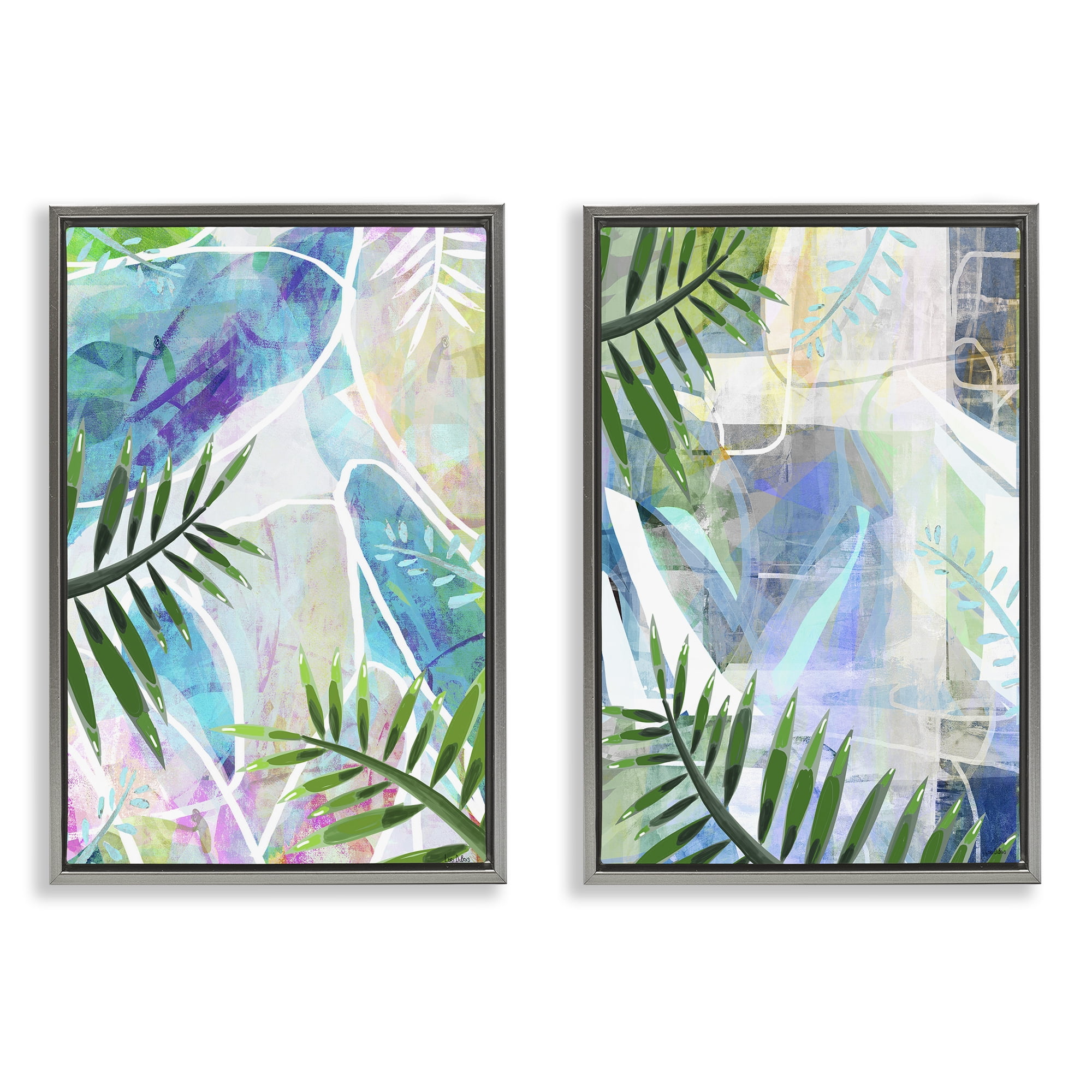 Stupell Industries Abstract Pastel Palm Shapes Plants & Flowers Painting Gray Floater Framed Canvas Art Print Wall Art, 21 x 31, Set of 2