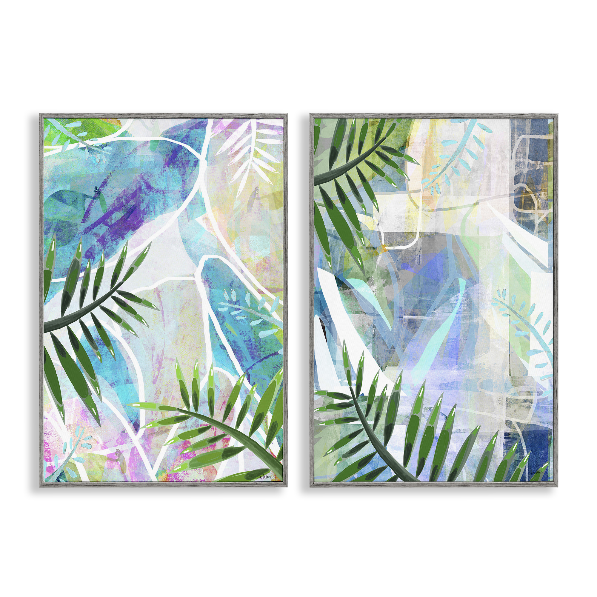 Stupell Industries Abstract Pastel Palm Shapes Plants & Flowers Painting Gray Framed Art Print Wall Art, 16 x 24, Set of 2