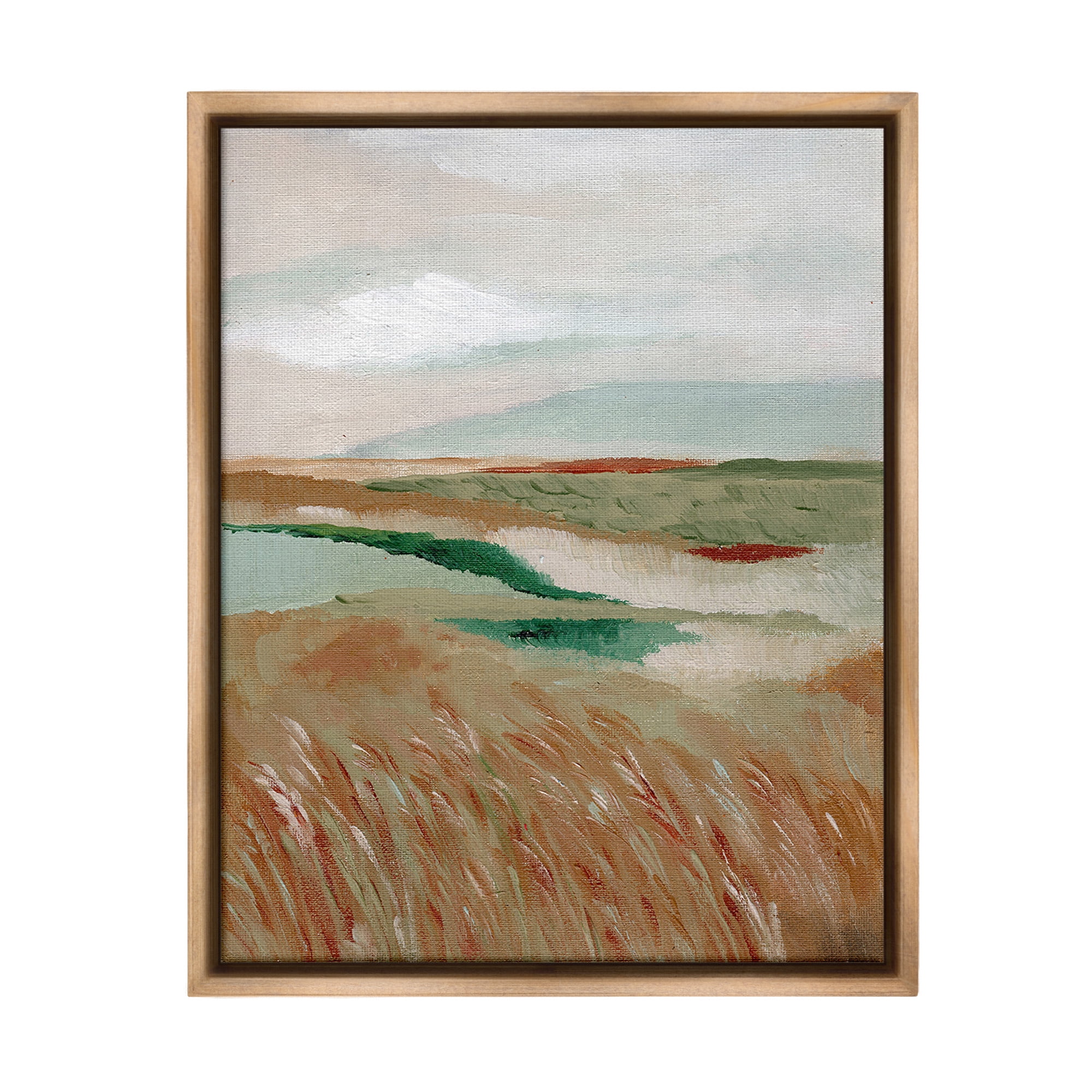 Stupell Industries Abstract Pasture with River Landscape Painting Brown Floater Framed Canvas Art Print Wall Art, 25 x 31