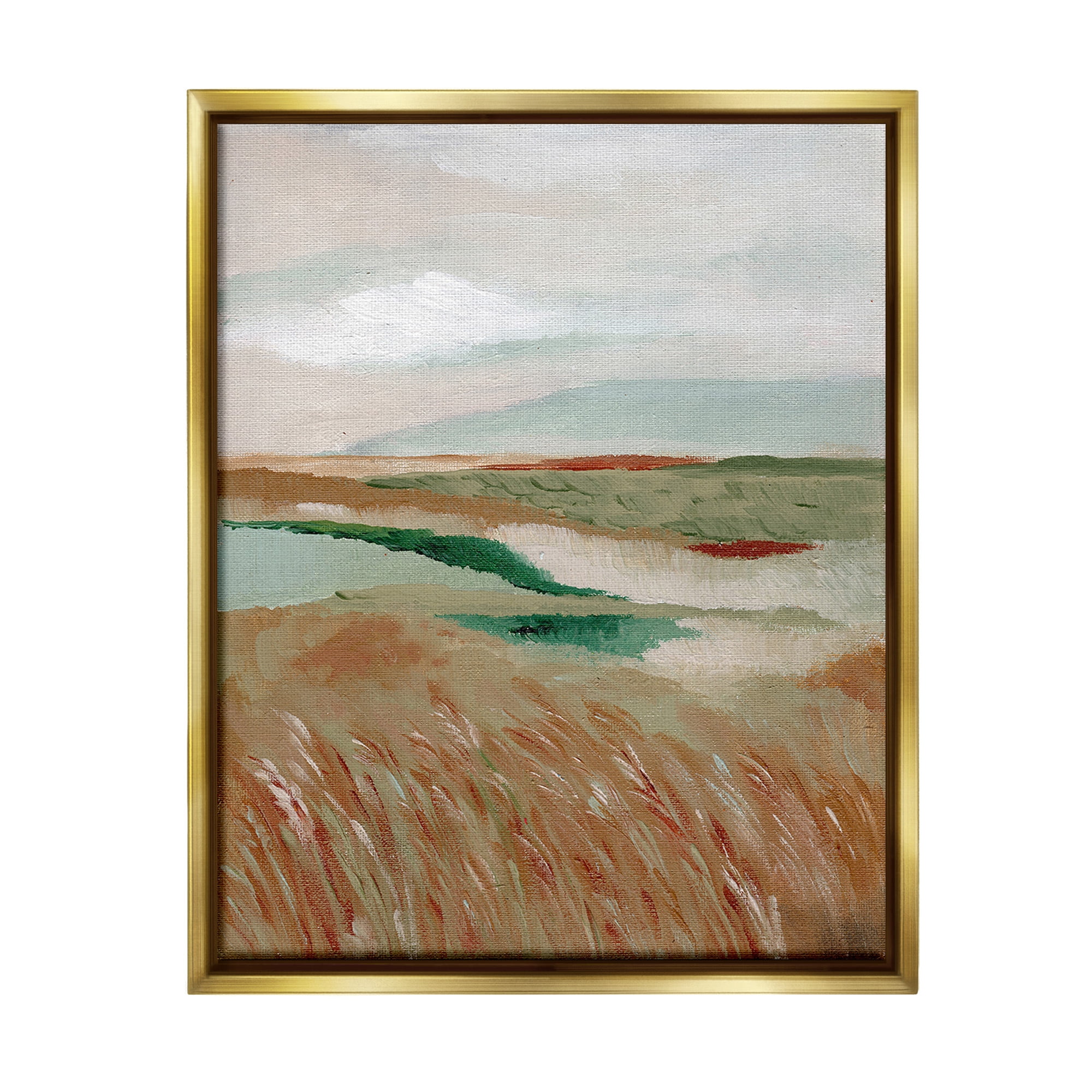 Stupell Industries Abstract Pasture with River Landscape Painting Gold Floater Framed Canvas Art Print Wall Art, 25 x 31