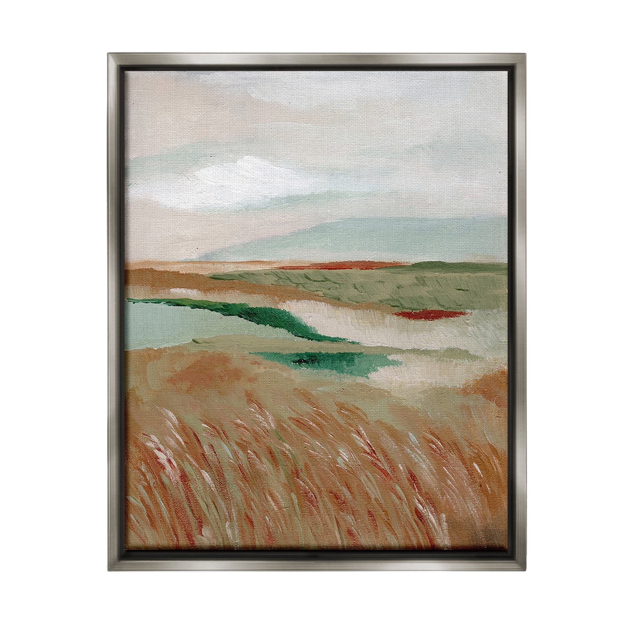 Stupell Industries Abstract Pasture with River Landscape Painting Gray Floater Framed Canvas Art Print Wall Art, 25 x 31