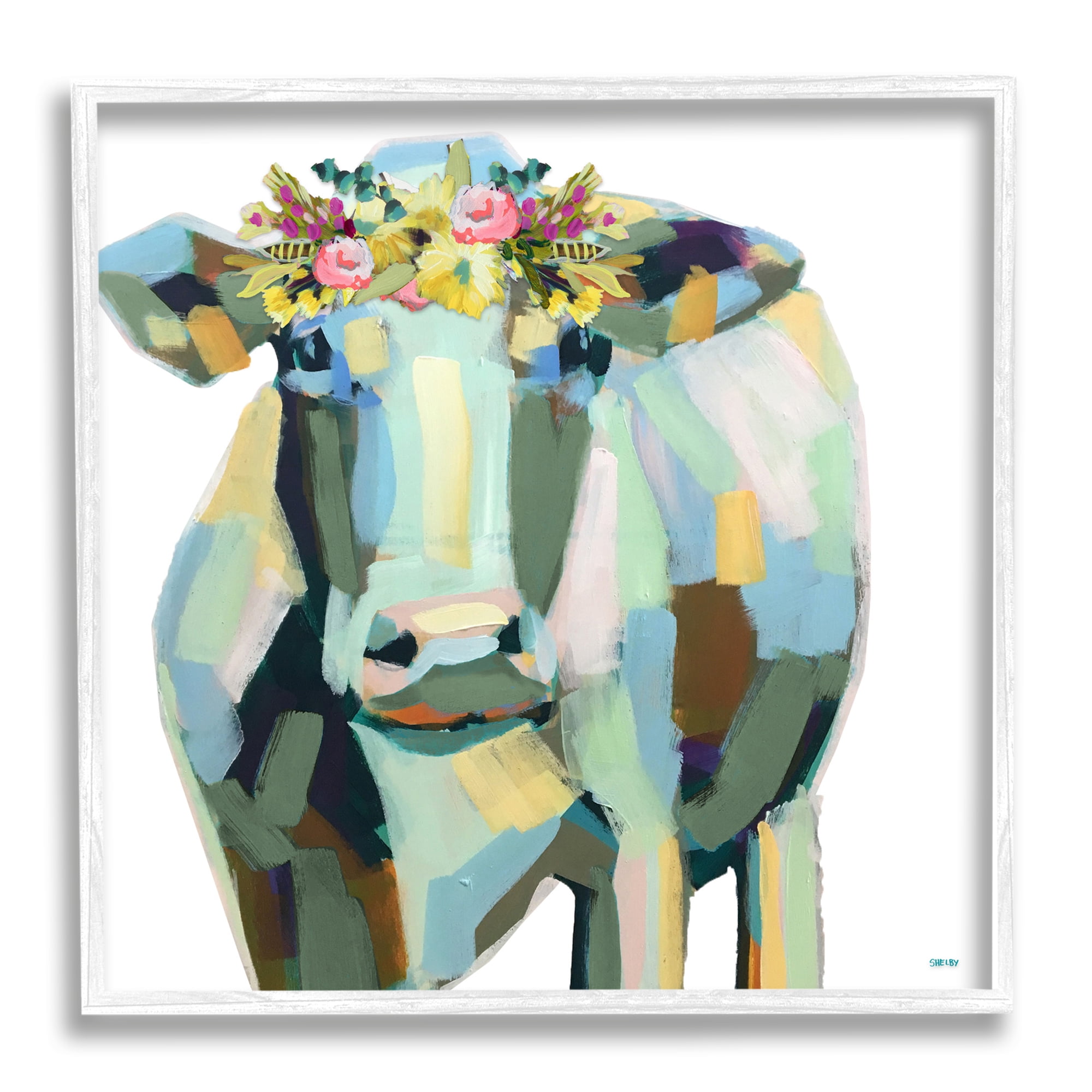 Stupell Industries Abstract Patchwork Dairy Cow Chic Flower Crown, 17 x 17, Design by Shelby Dillon