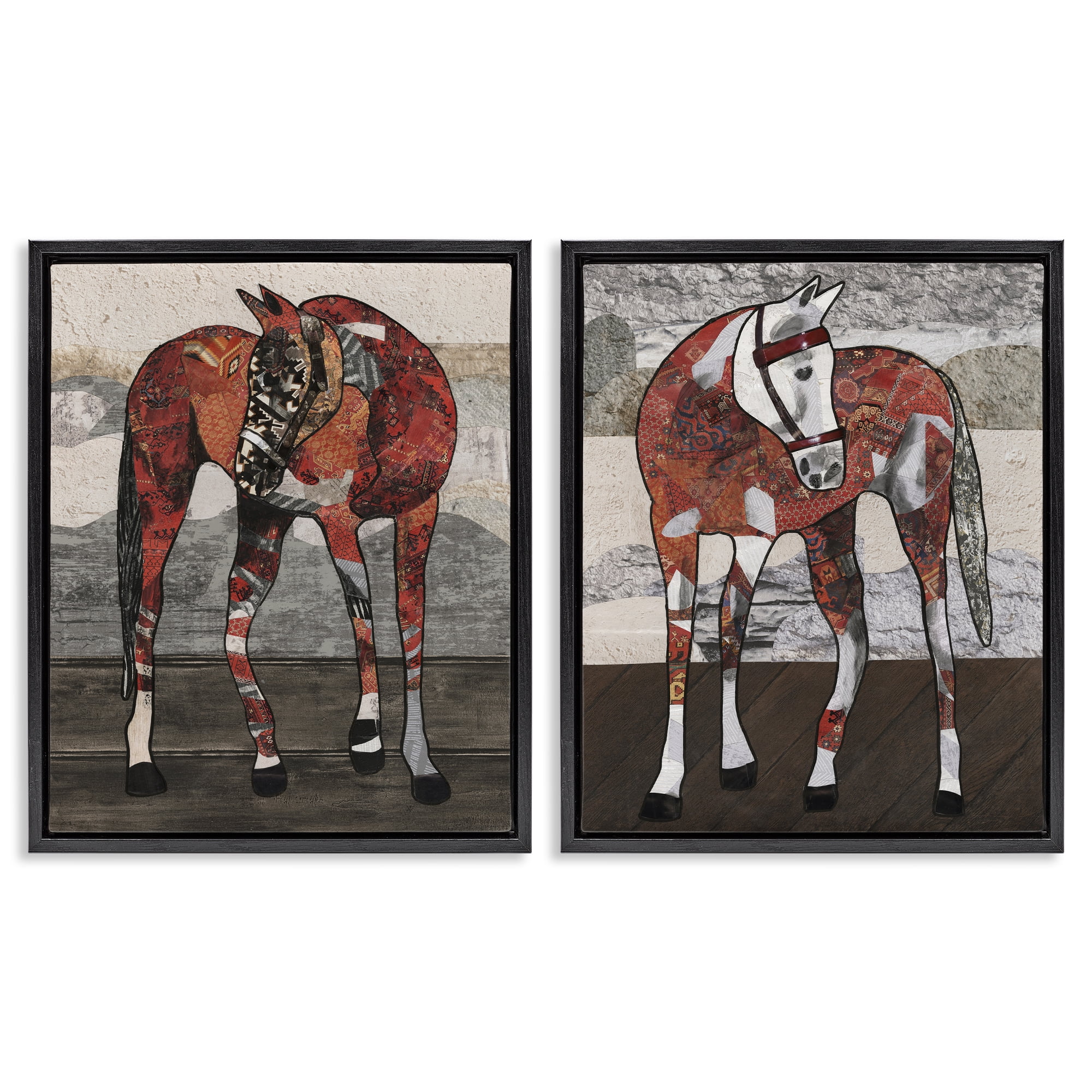 Stupell Industries Abstract Patchwork Horses Animals Painting Black Floater Framed Canvas Art Print Wall Art, 17 x 21, Set of 2