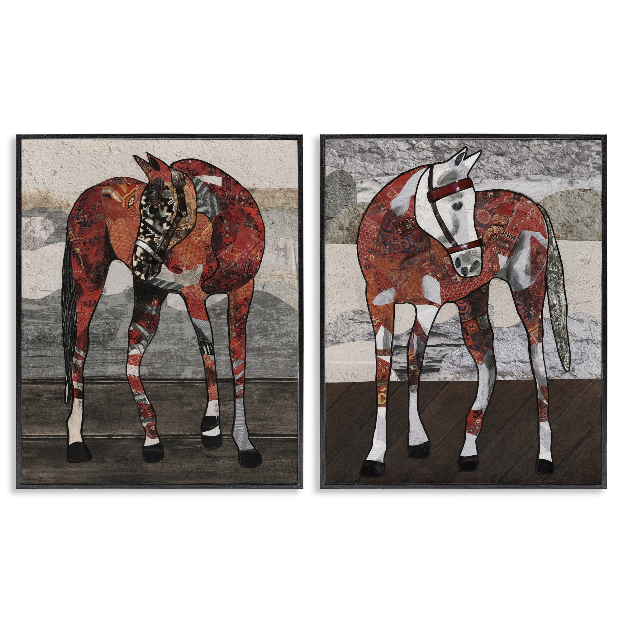 Stupell Industries Abstract Patchwork Horses Animals Painting Black Framed Art Print Wall Art, 24 x 30, Set of 2