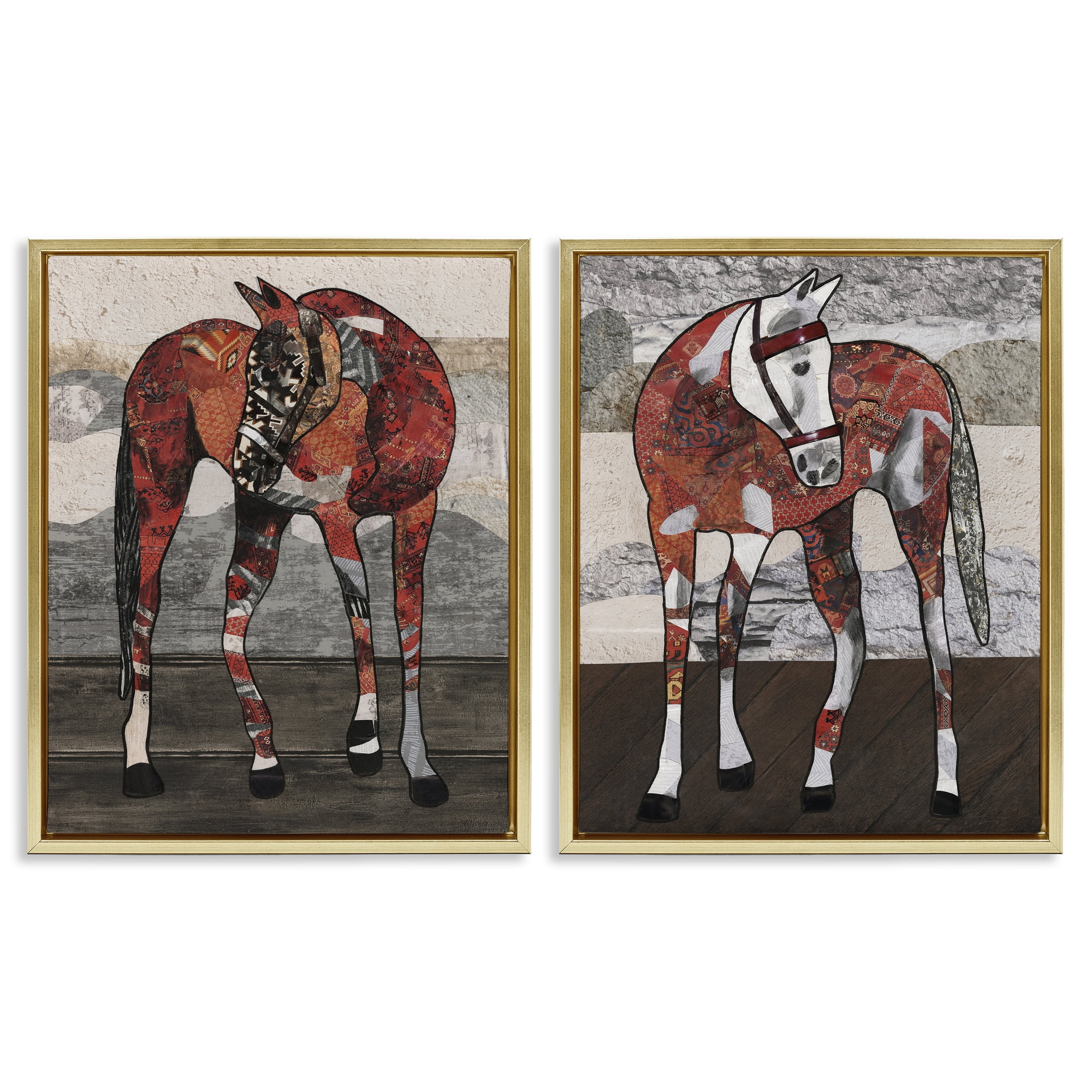 Stupell Industries Abstract Patchwork Horses Animals Painting Gold Floater Framed Canvas Art Print Wall Art, 31 x 25, Set of 2