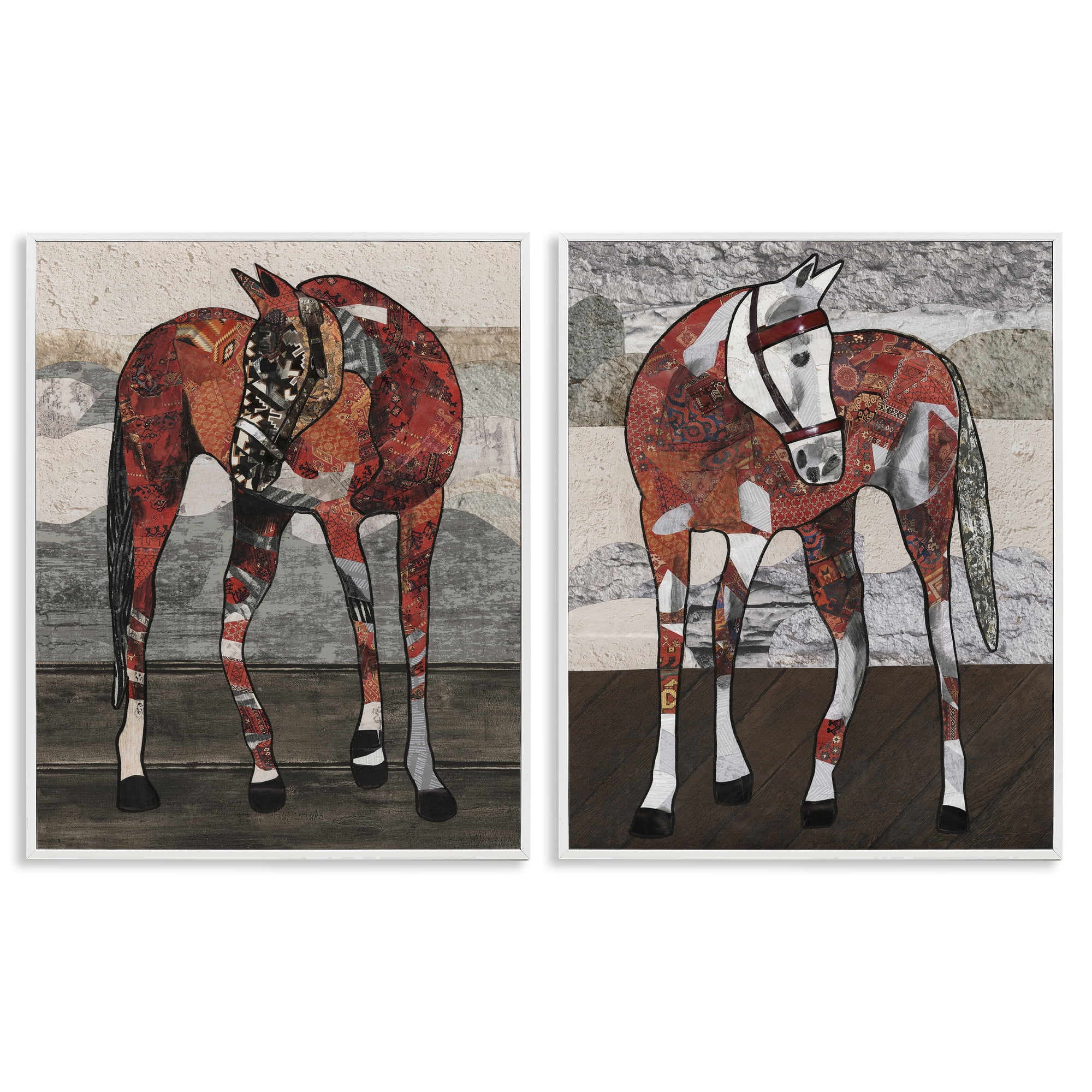 Stupell Industries Abstract Patchwork Horses Animals Painting White Framed Art Print Wall Art, 11 x 14, Set of 2