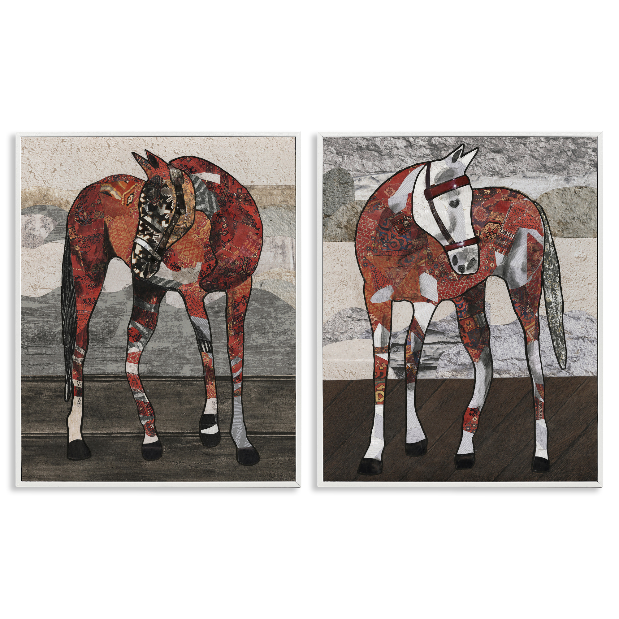 Stupell Industries Abstract Patchwork Horses Animals Painting White Framed Art Print Wall Art, 24 x 30, Set of 2