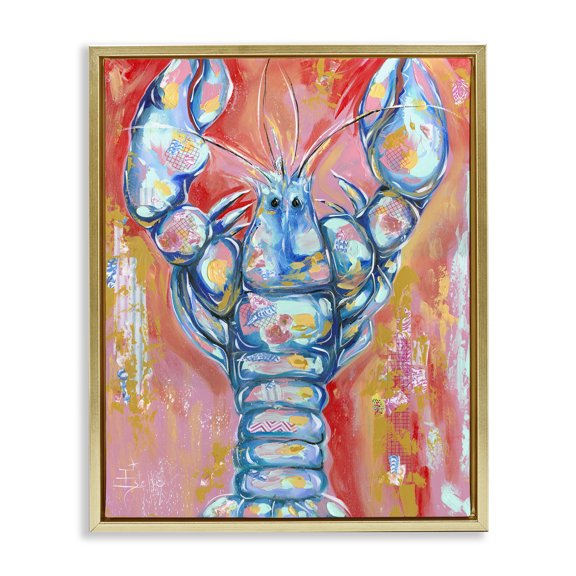 Stupell Industries Abstract Patchwork Lobster Nautical & Beach Painting Gold Floater Framed Canvas Art Print Wall Art, 17 x 21