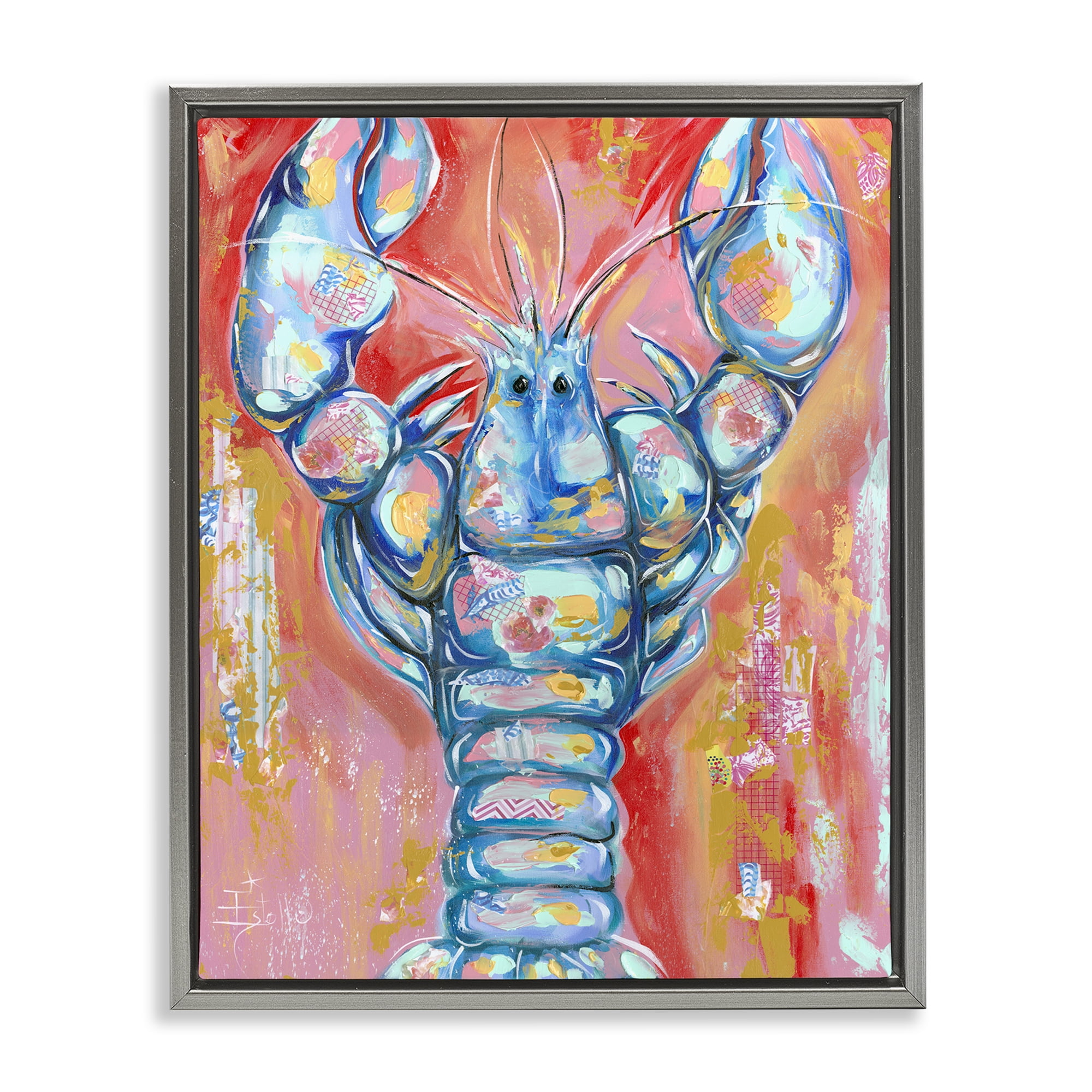 Stupell Industries Abstract Patchwork Lobster Nautical & Beach Painting Gray Floater Framed Canvas Art Print Wall Art, 17 x 21