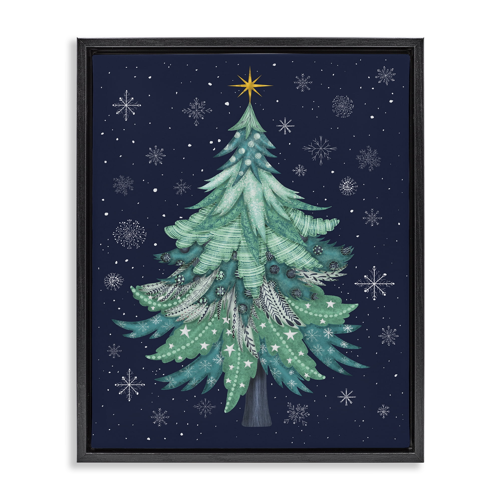 Stupell Industries Abstract Pattern Xmas Tree Holiday Painting Black Floater Framed Canvas Art Prints Wall Art, 17 x 21