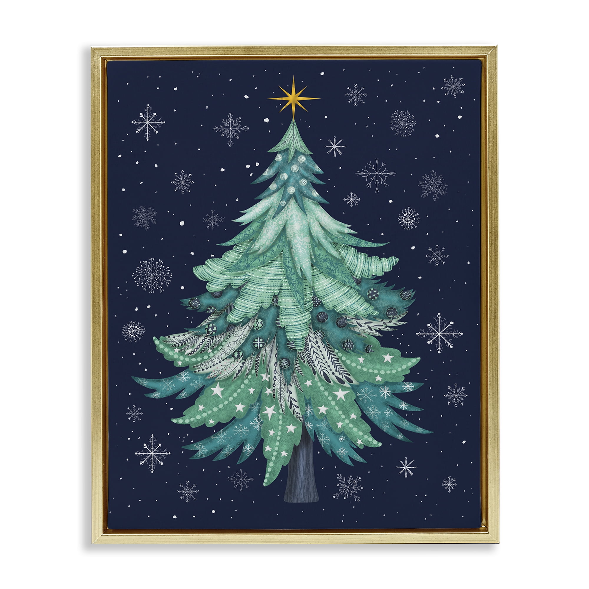Stupell Industries Abstract Pattern Xmas Tree Holiday Painting Gold Floater Framed Canvas Art Prints Wall Art, 25 x 31