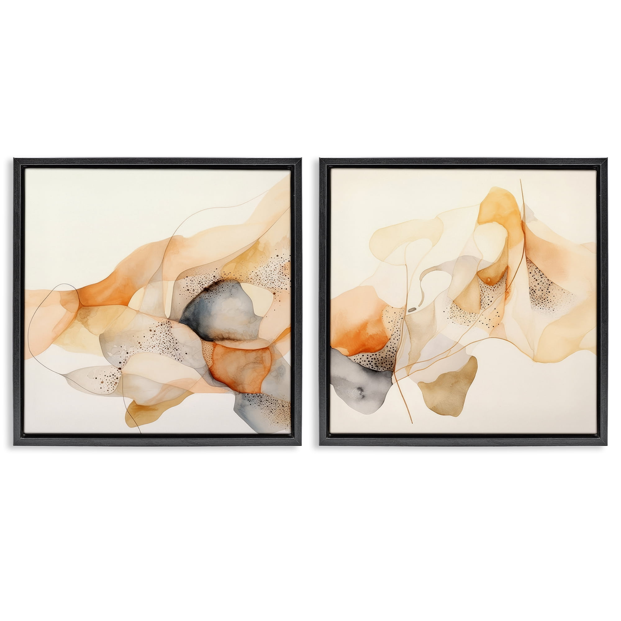 Stupell Industries Abstract Peach Watercolor Shapes Abstract Painting Black Floater Framed Canvas Art Print Wall Art, 18 x 18, Set of 2