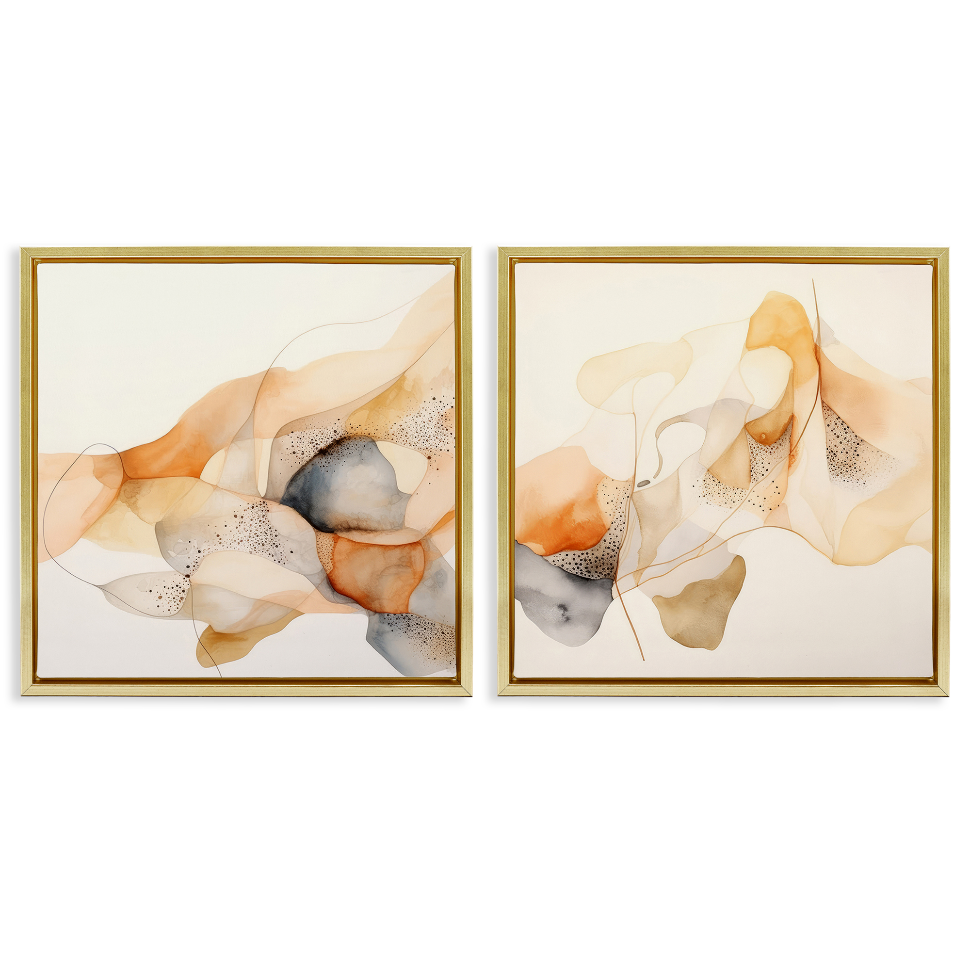 Stupell Industries Abstract Peach Watercolor Shapes Abstract Painting Gold Floater Framed Canvas Art Print Wall Art, 18 x 18, Set of 2
