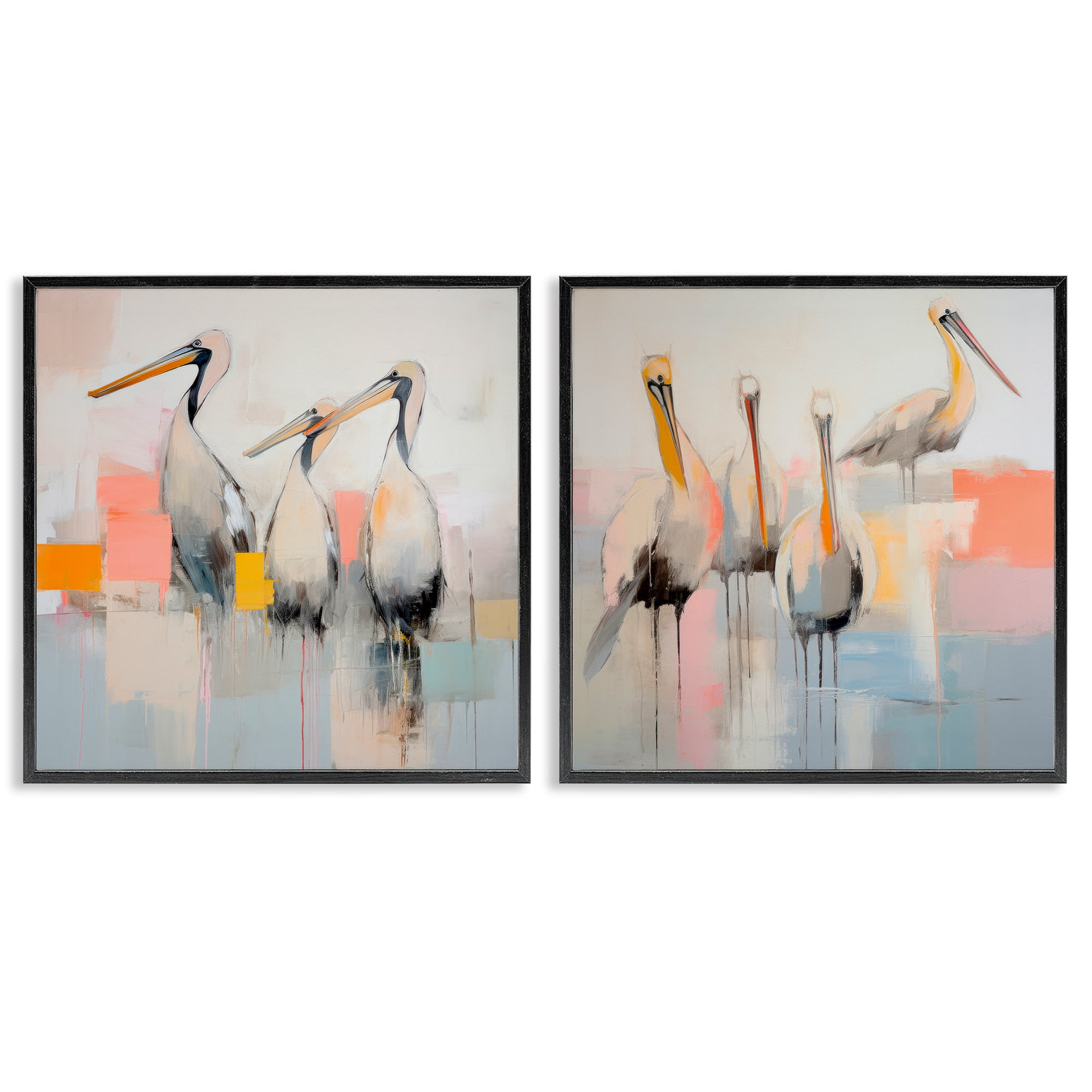 Stupell Industries Abstract Pelican Bird Animals Painting Black Framed Art Print Wall Art, 24 x 24, Set of 2