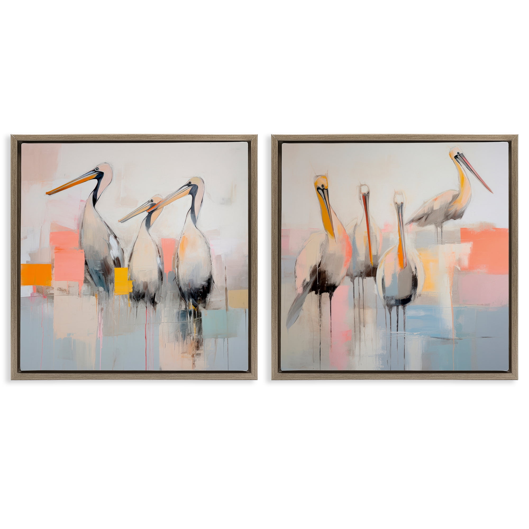 Stupell Industries Abstract Pelican Bird Animals Painting Brown Floater Framed Canvas Art Print Wall Art, 18 x 18, Set of 2