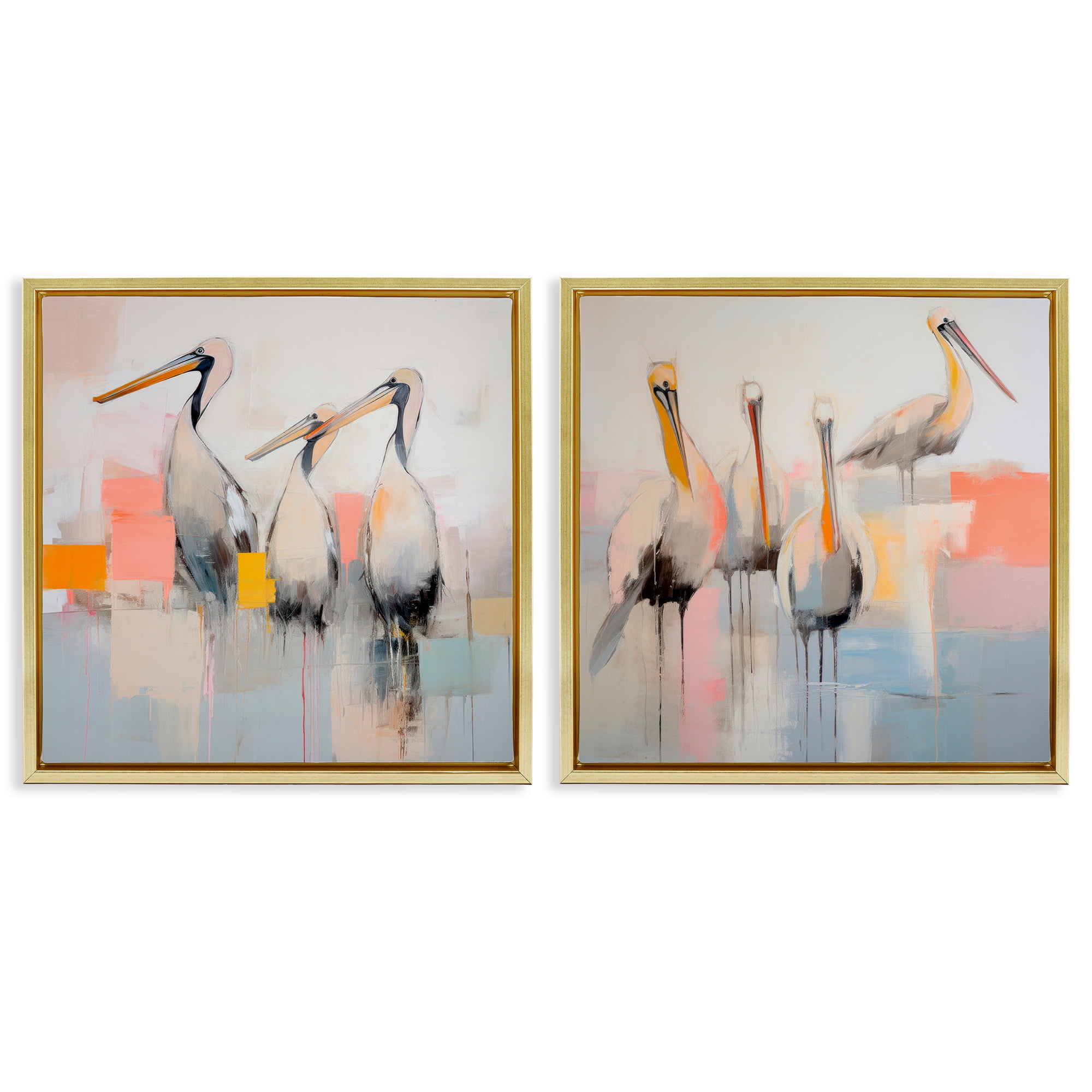 Stupell Industries Abstract Pelican Bird Animals Painting Gold Floater Framed Canvas Art Print Wall Art, 25 x 25, Set of 2