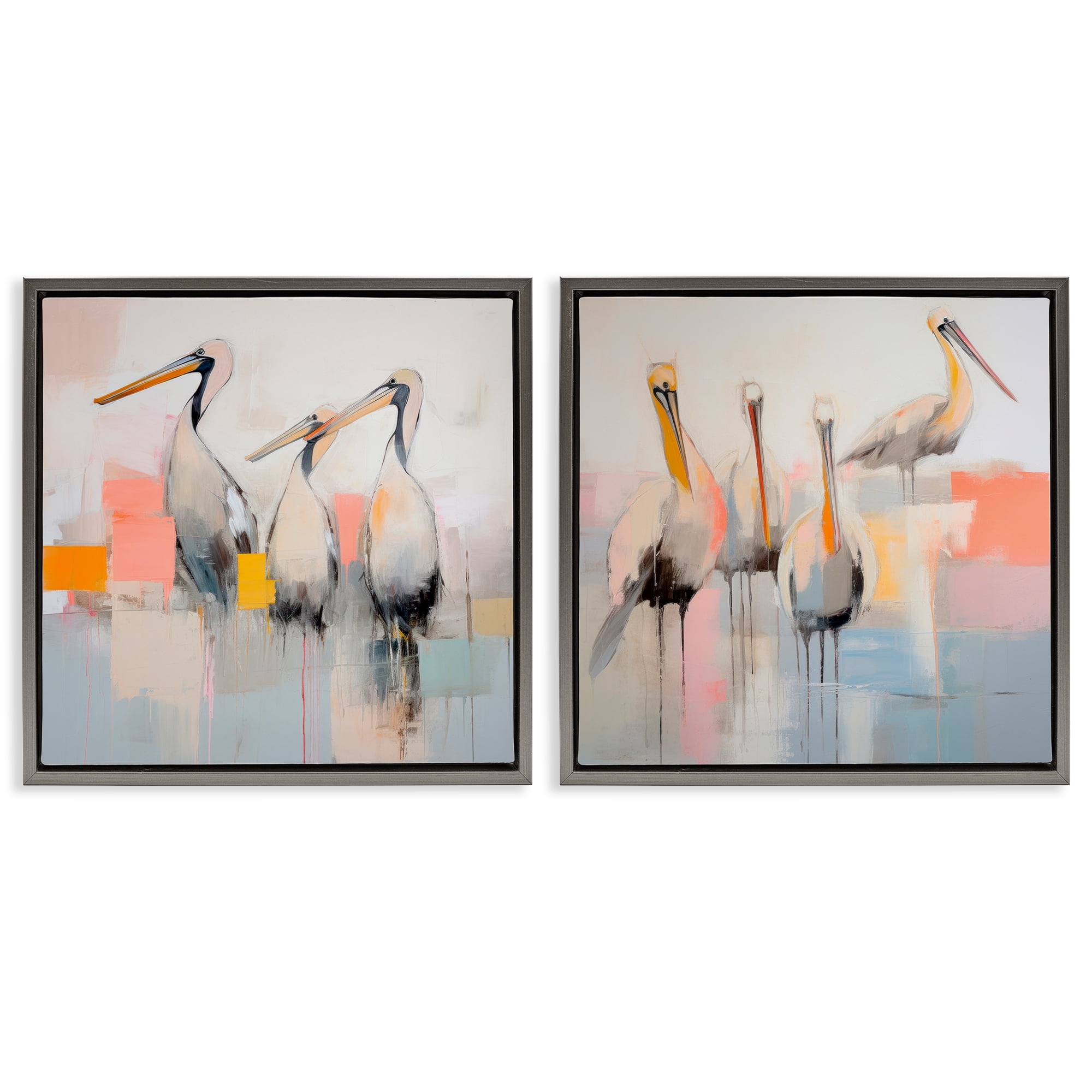 Stupell Industries Abstract Pelican Bird Animals Painting Gray Floater Framed Canvas Art Print Wall Art, 25 x 25, Set of 2