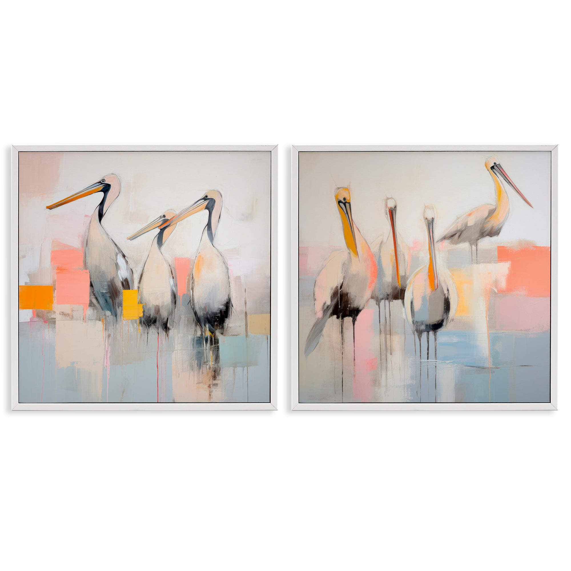 Stupell Industries Abstract Pelican Bird Animals Painting White Framed Art Print Wall Art, 17 x 17, Set of 2