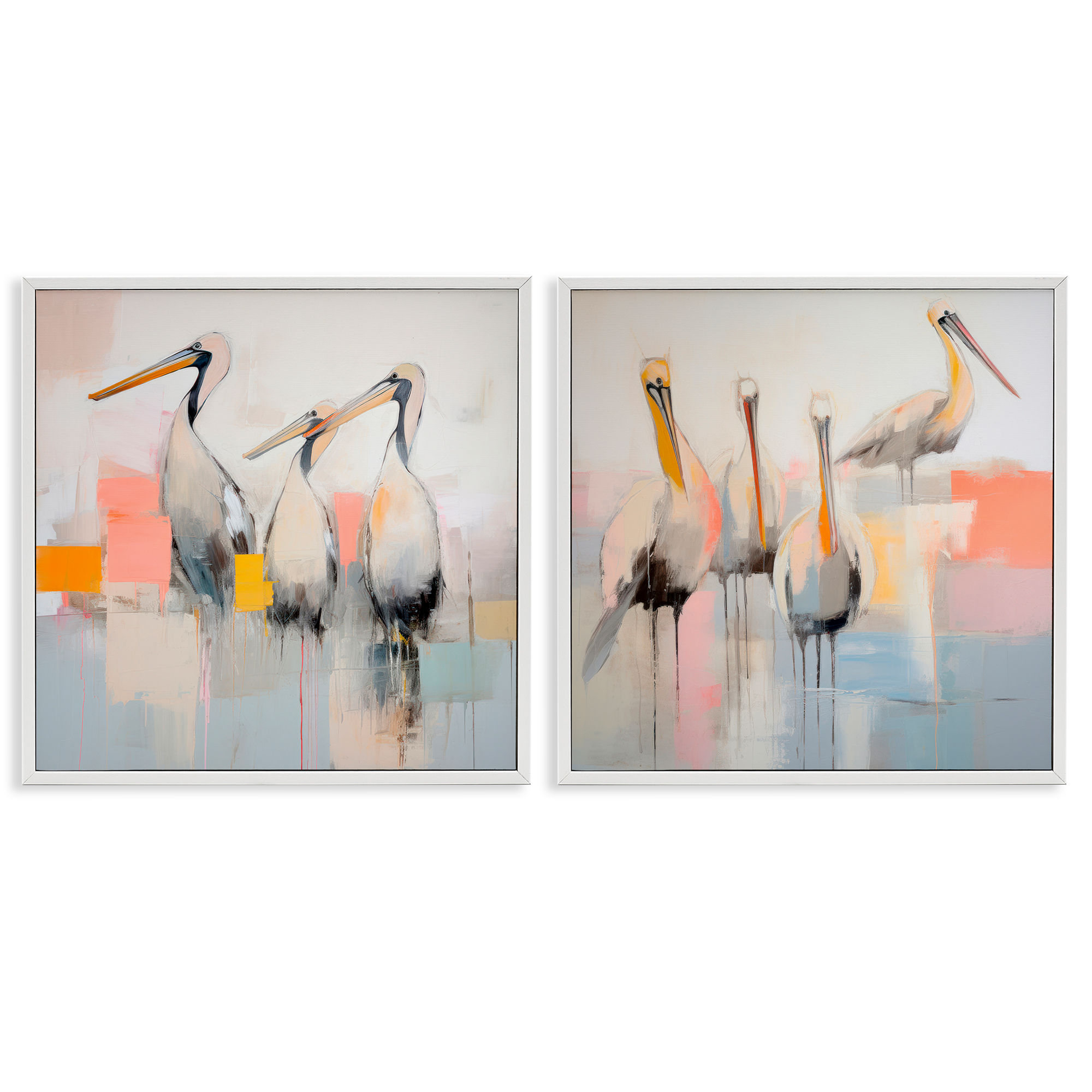 Stupell Industries Abstract Pelican Bird Animals Painting White Framed Art Print Wall Art, 24 x 24, Set of 2