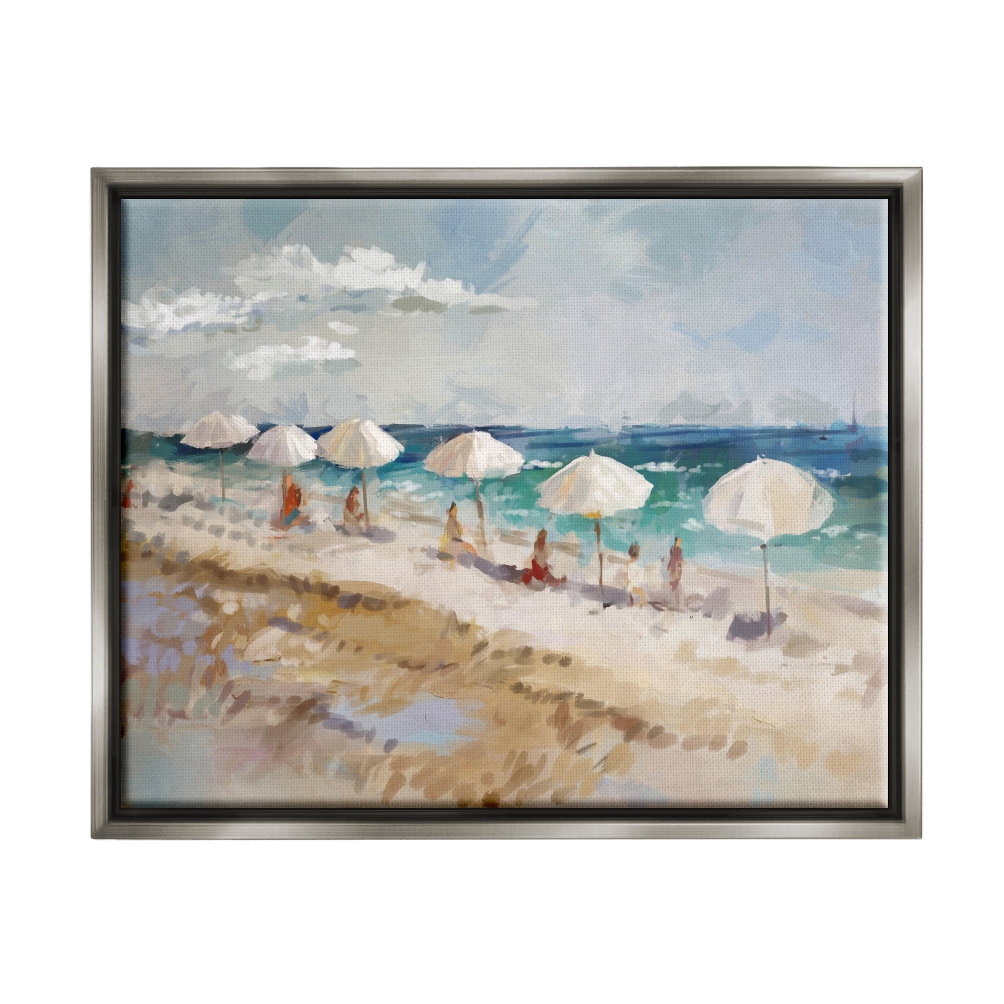 Stupell Industries Abstract People Beach Umbrellas Landscape Painting Gray Floater Framed Canvas Art Print Wall Art, 21 x 17