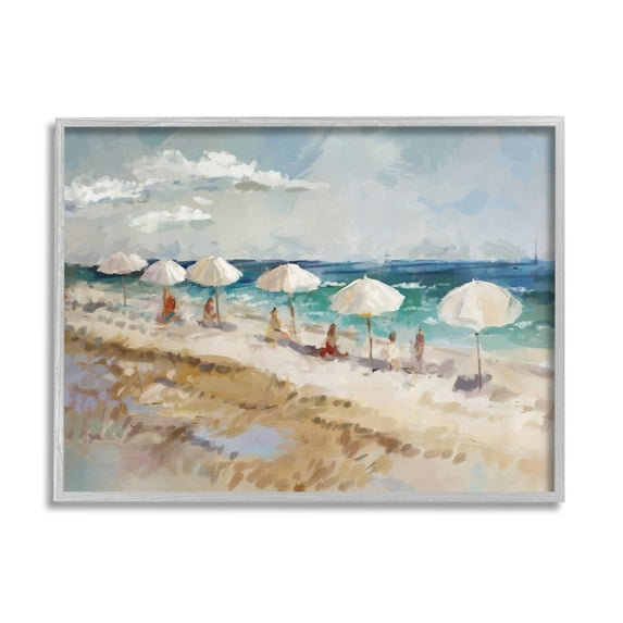 Stupell Industries Abstract People Beach Umbrellas Landscape Painting Gray Framed Art Print Wall Art, 20 x 16