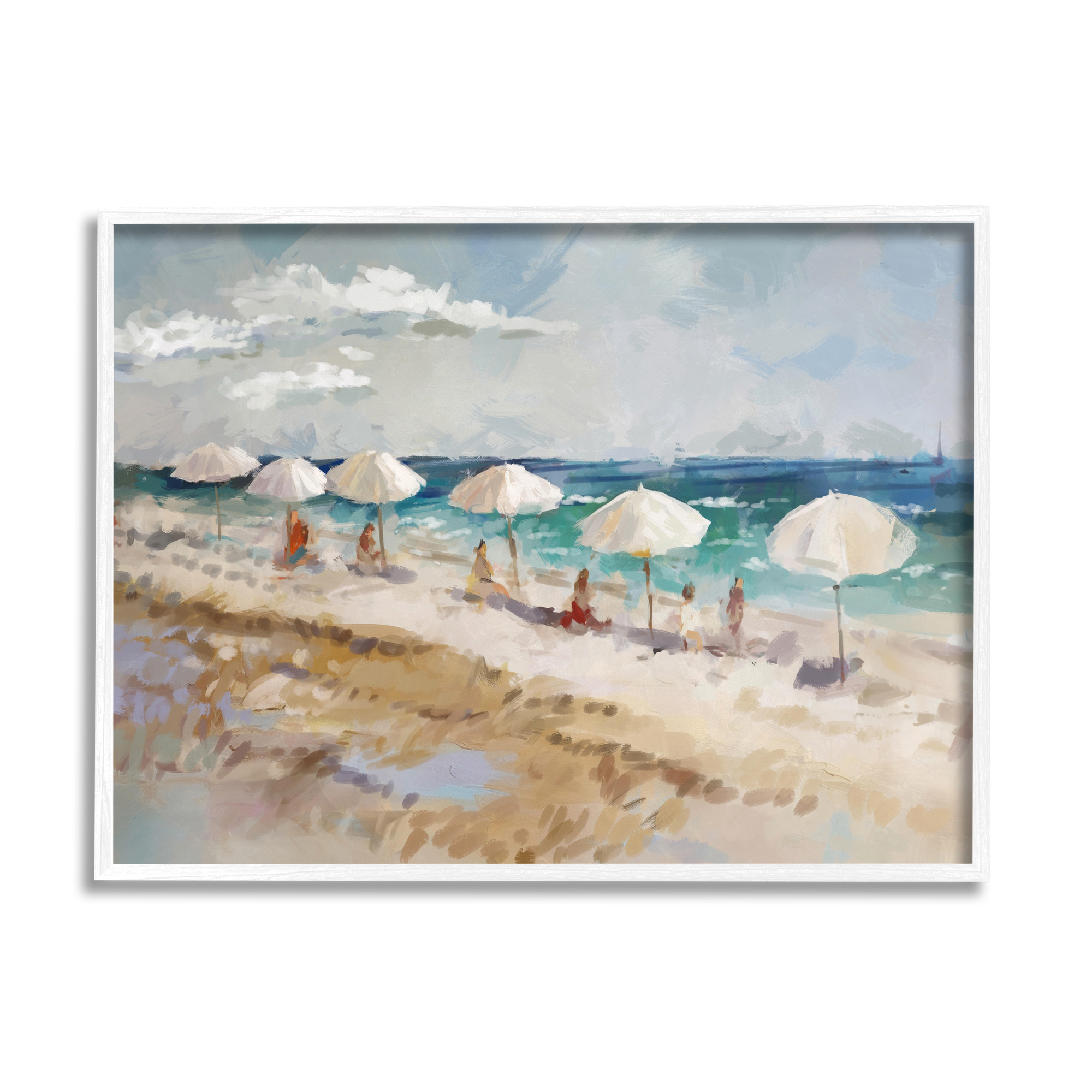 Stupell Industries Abstract People Beach Umbrellas Landscape Painting White Framed Art Print Wall Art, 30 x 24