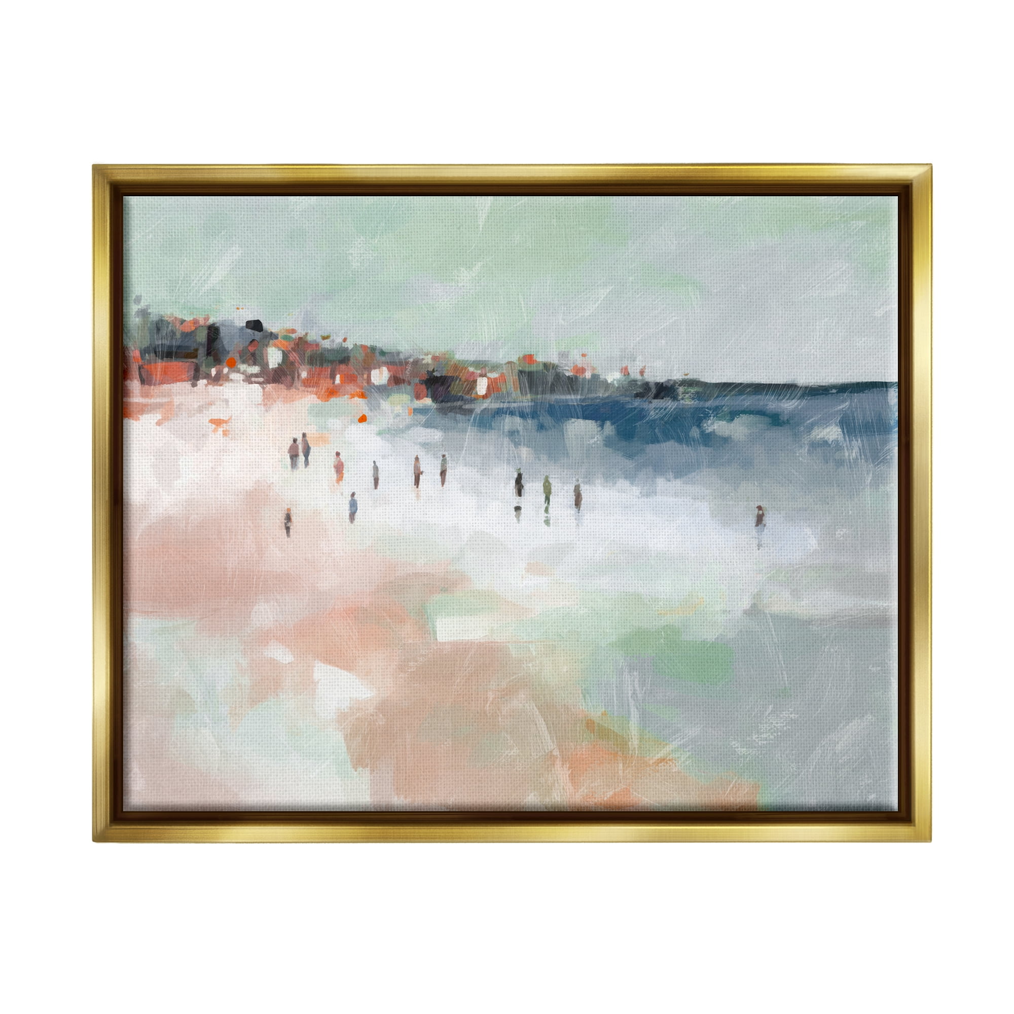 Stupell Industries Abstract People on Shore Landscape Painting Gold Floater Framed Canvas Art Print Wall Art, 31 x 25