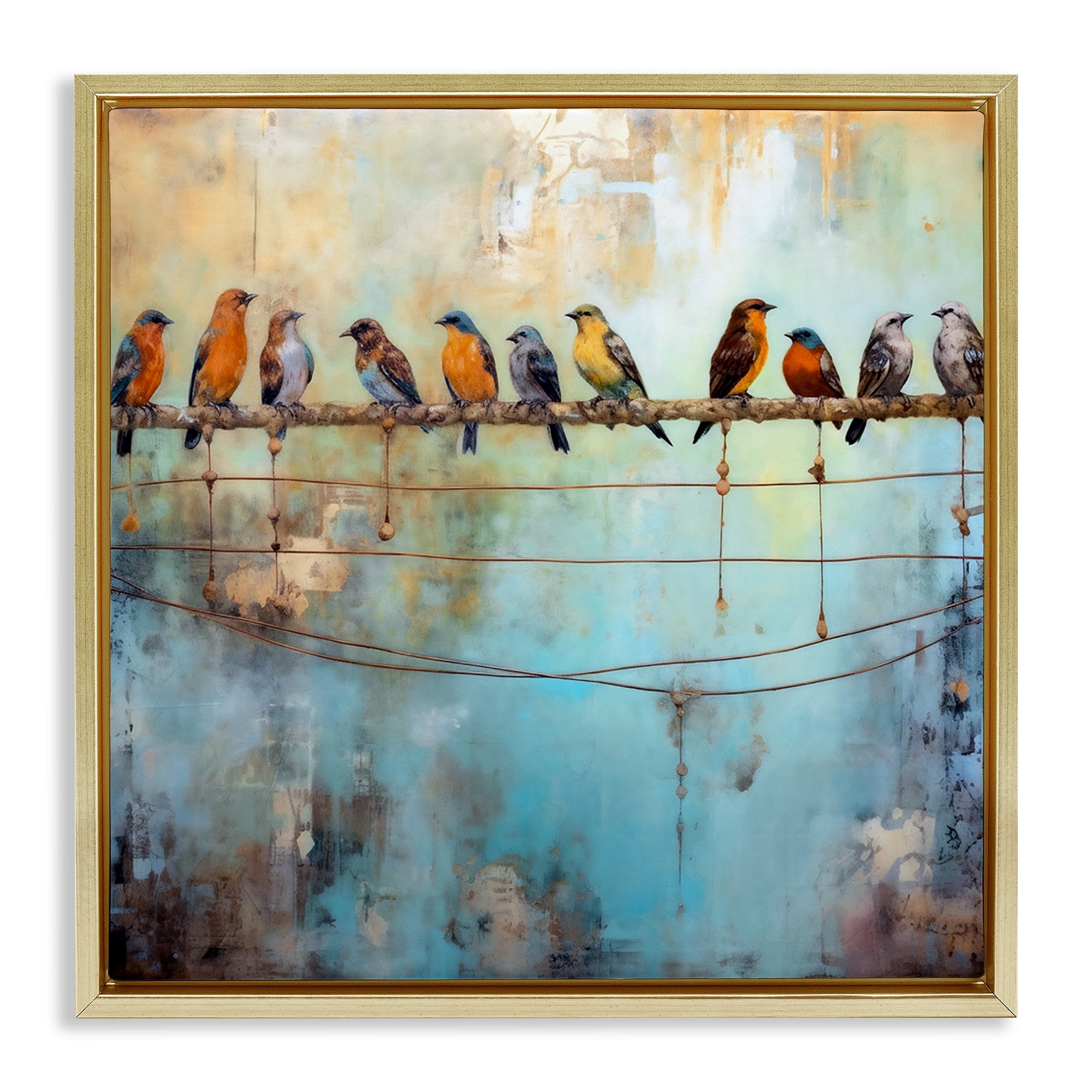 Stupell Industries Abstract Perched Birds Animals & Insects Painting Gold Floater Framed Canvas Art Print Wall Art, 18 x 18