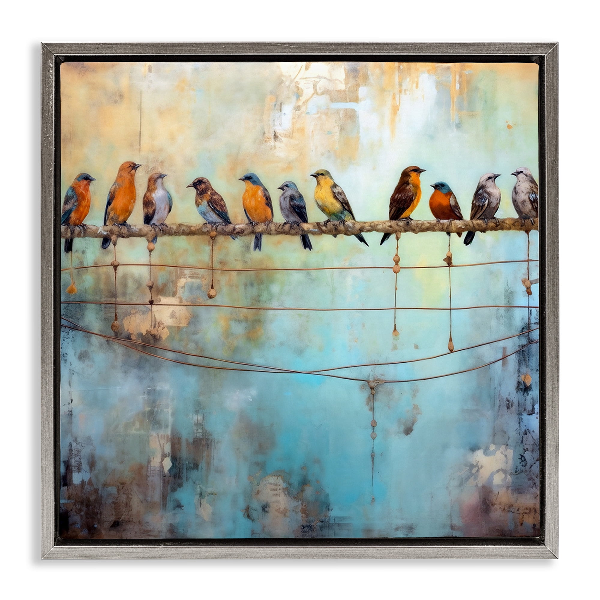 Stupell Industries Abstract Perched Birds Animals & Insects Painting Gray Floater Framed Canvas Art Print Wall Art, 18 x 18