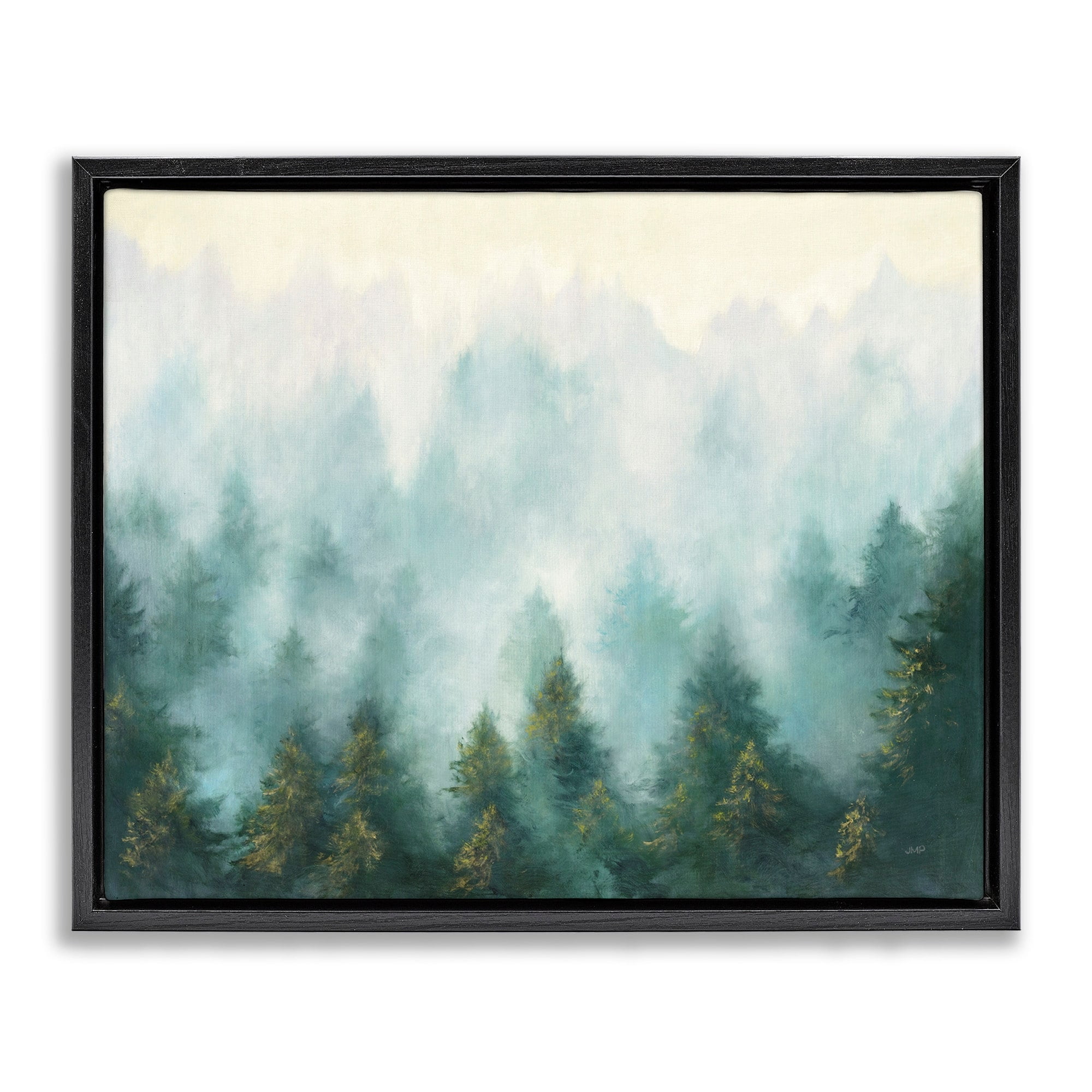 Stupell Industries Abstract Pine Forest Landscape with Mist Green Painting Jet Black Framed Floating Canvas Wall Art, 16x20, by Julia Purinton