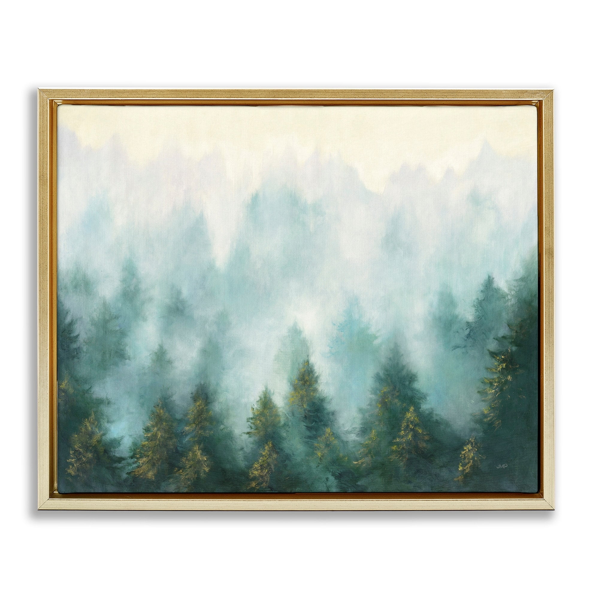 Stupell Industries Abstract Pine Forest Landscape with Mist Green Painting Metallic Gold Framed Floating Canvas Wall Art, 24x30, by Julia Purinton