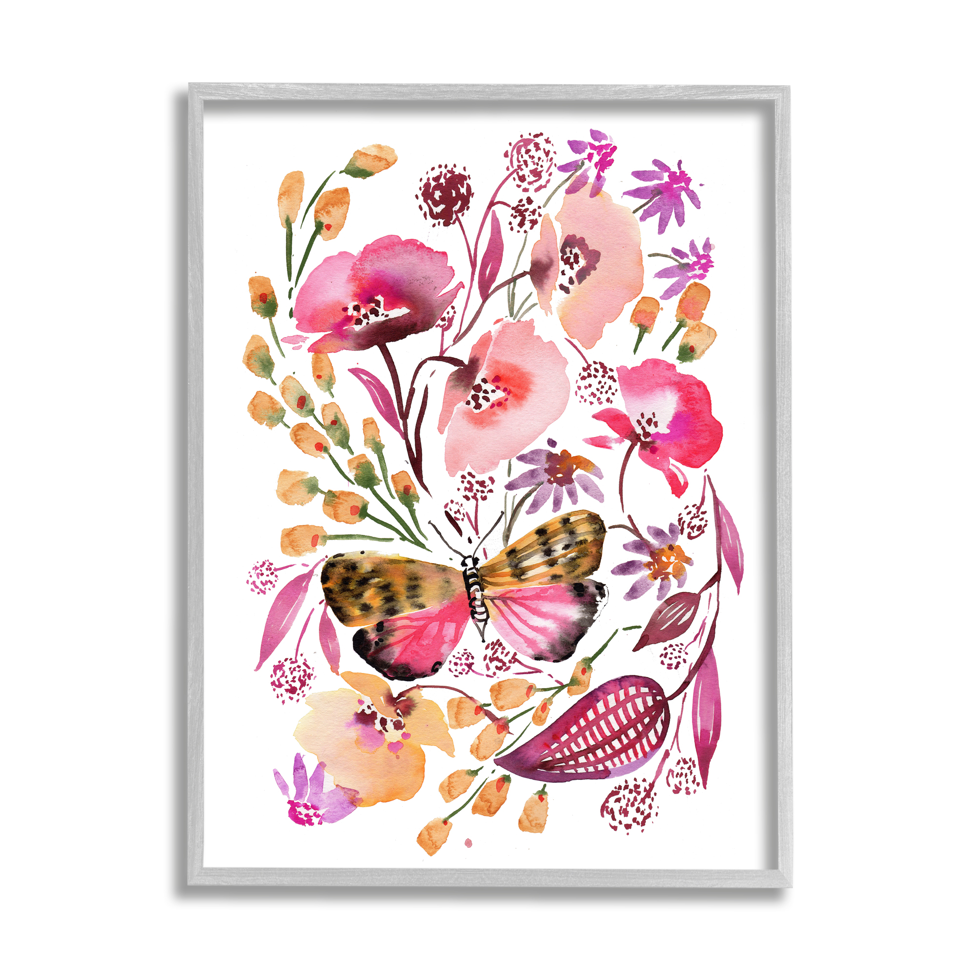 Stupell Industries Abstract Pink Botanicals Botanical & Floral Painting Gray Framed Art Print Wall Art, 24 x 30