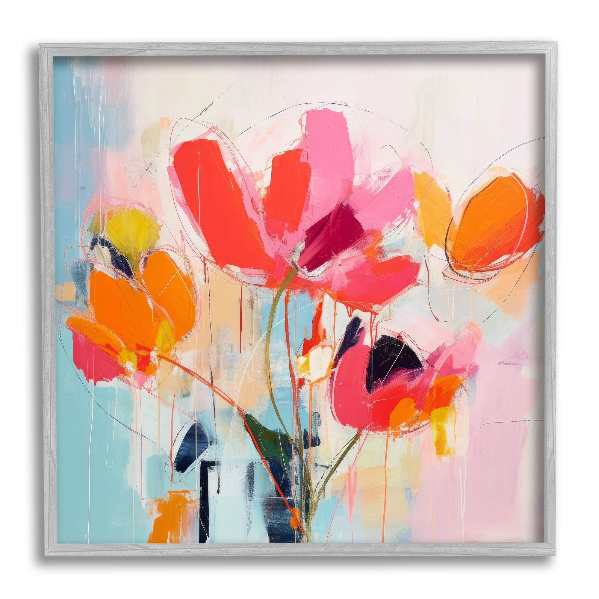 Stupell Industries Abstract Pink Florals Abstract Painting Gray Framed Art Print Wall Art, 24 x 24