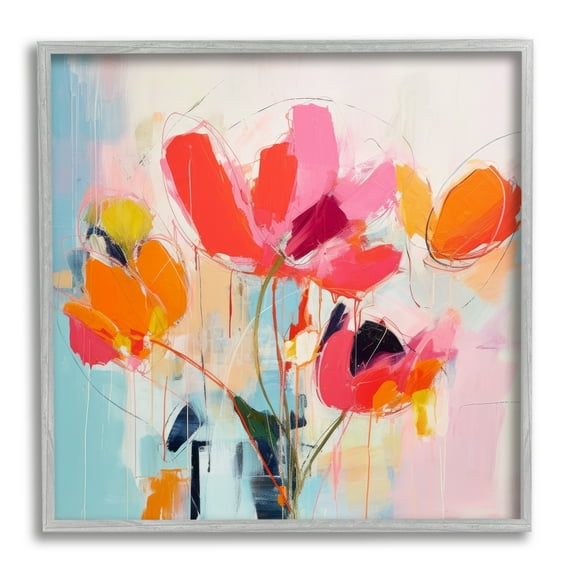 Stupell Industries Abstract Pink Florals Abstract Painting Gray Framed Art Print Wall Art, 24 x 24